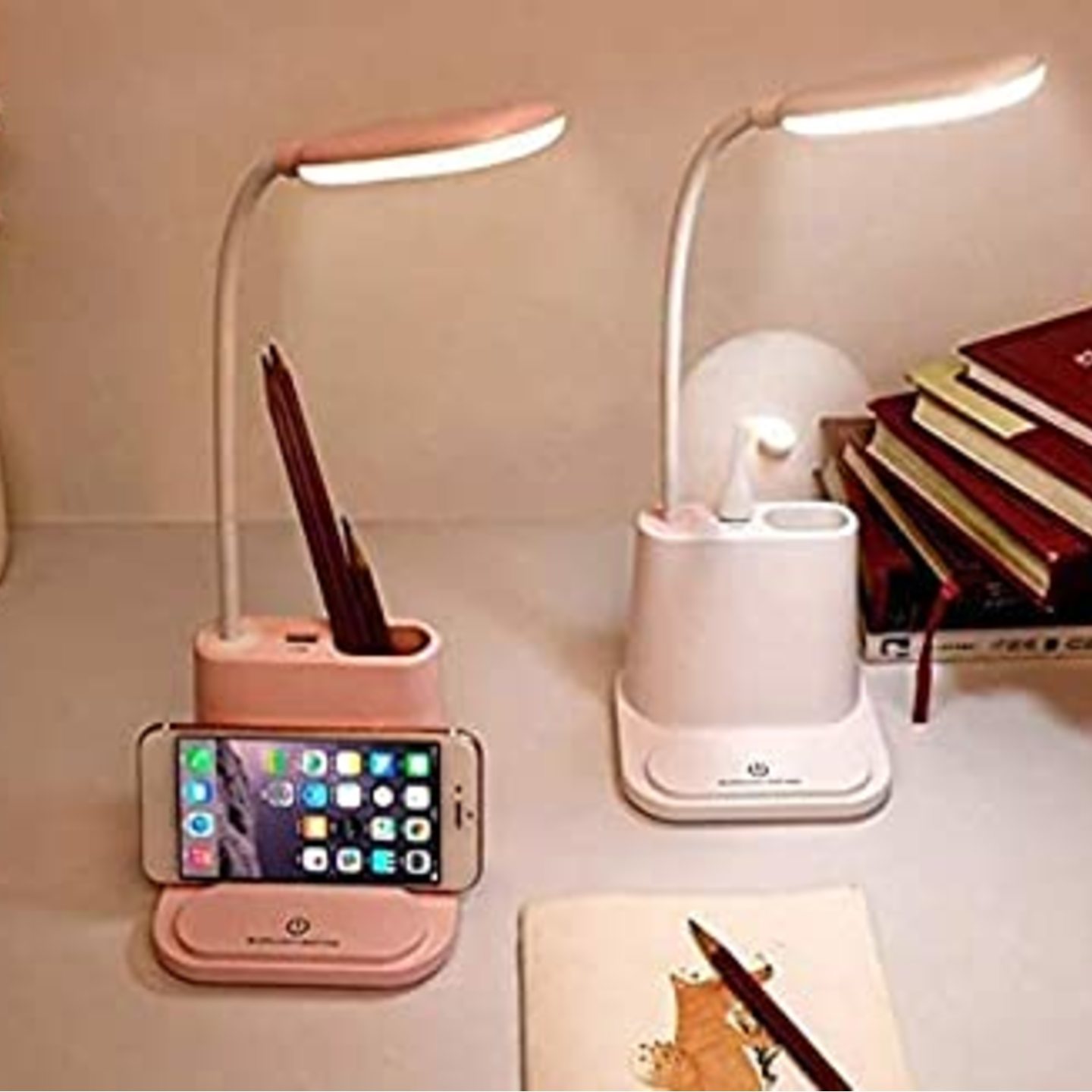Touch Desk lamp LED Touch On Off Switch Dimmer Rechargeable Led Table Lamps Study Lamp for Children Reading Lamp Multi-Functional Desk Lamp Pen Holder and Phone Stand Lamp for BedroomWhite
