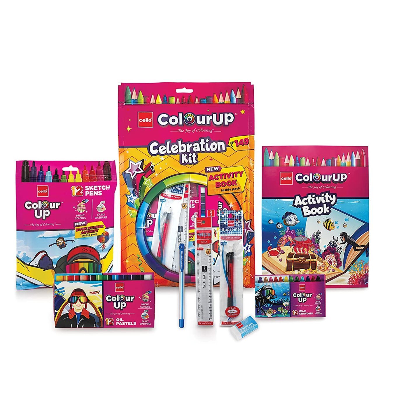 Cello ColourUp Celebration Kit - Gift Pack  Wax Crayon  Oil Pastel  12 Sketch Pens  Colour Bomb Pen  Mechanical Pencil  Free Activity Book  Hobby Stationery for Kids  Best for Gifting