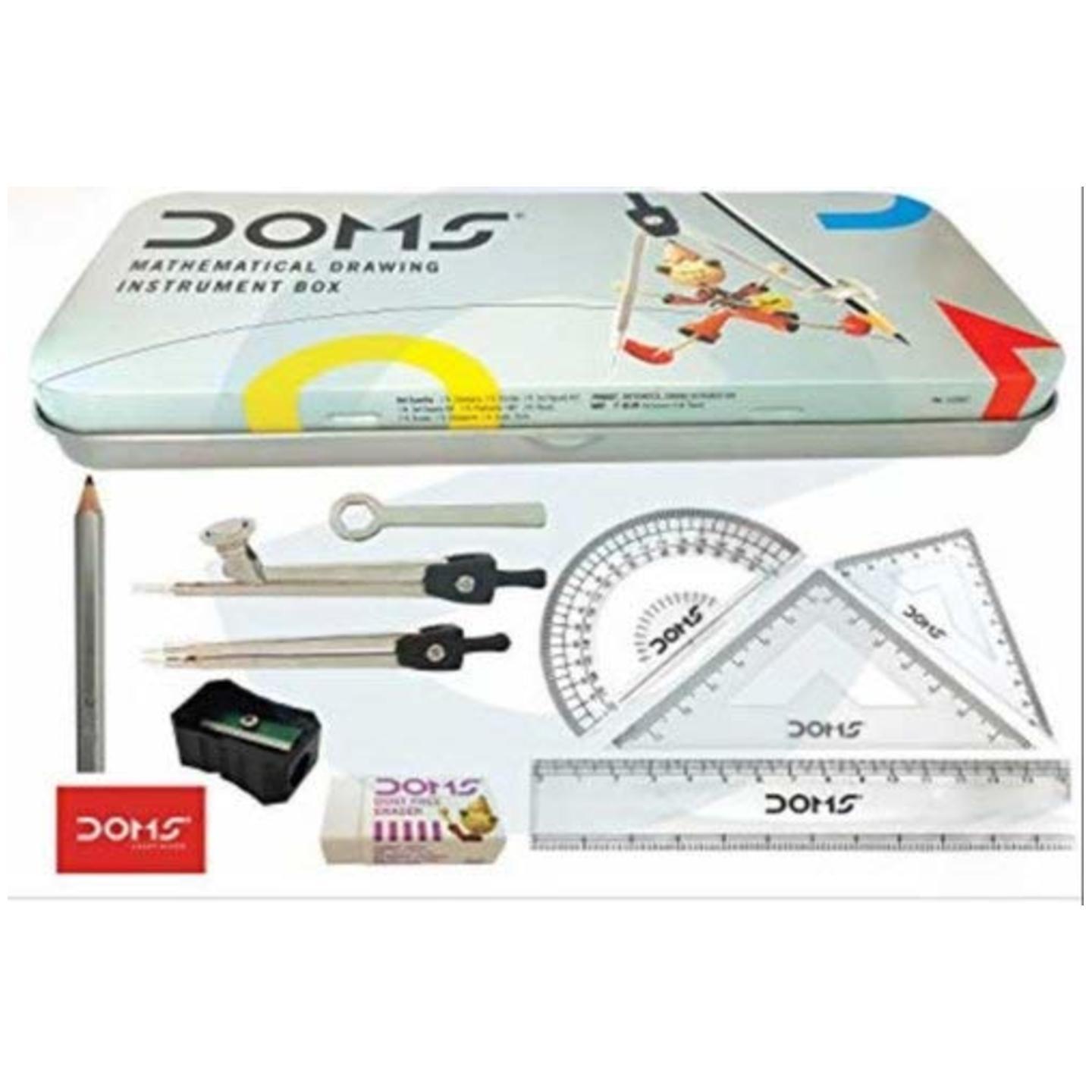 Doms Geometry Box, 1 ompass, 1 Set Square 45 Deg, 1Set Swuare 60 Dag, 1 Protractor 180 Deg, 1 Pencil, 1 Eraser, 1 Sharpner, 1 Scale 15 cm