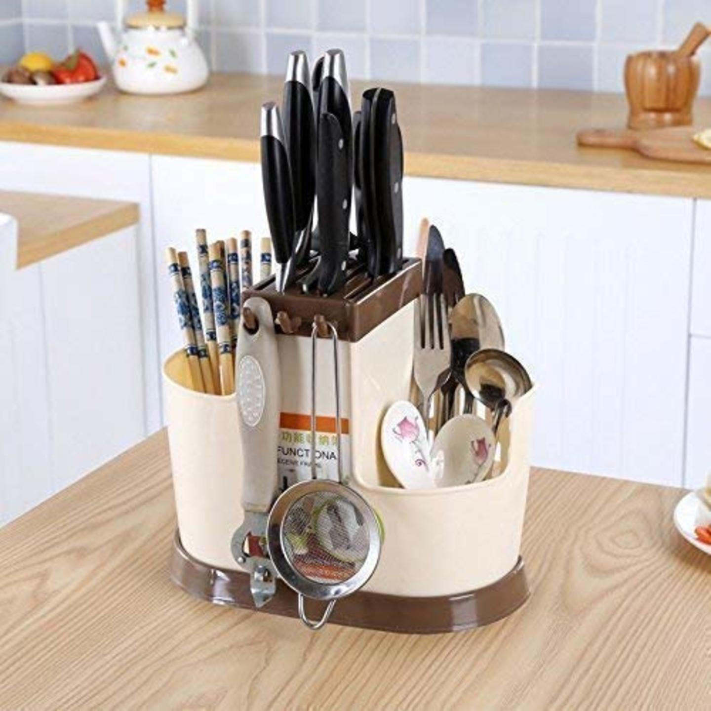 3 in 1 Multi Functional Kitchen Stand  Draining Basket for Kitchen Cutlery Storage Box Cutlery Holder Rack  Utensil Stand Kitchen Spoon, Knife Multi Colour