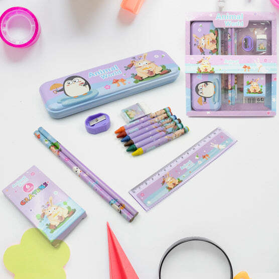 SCHOOL SUPPLIES STATIONERY KIT WITH 1 PENCIL BOX CASE 2 PENCILS 6 CRAYON COLORS 1 RULER SCALE 1 ERASER 1 SHARPENER STATIONARY KIT FOR GIRLS PENCIL PEN BOOK ERASER SHARPENER CRAYONS - STATIONARY KIT SET FOR KIDS BIRTHDAY GIFT (12 PC SET)