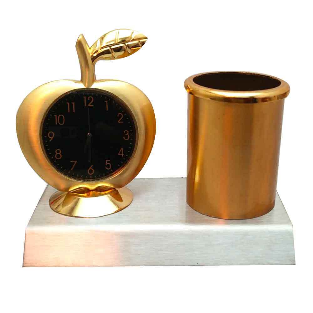 Metallic Pen Stand With Apple Shape Table Clock - 28X0031G000XHSE