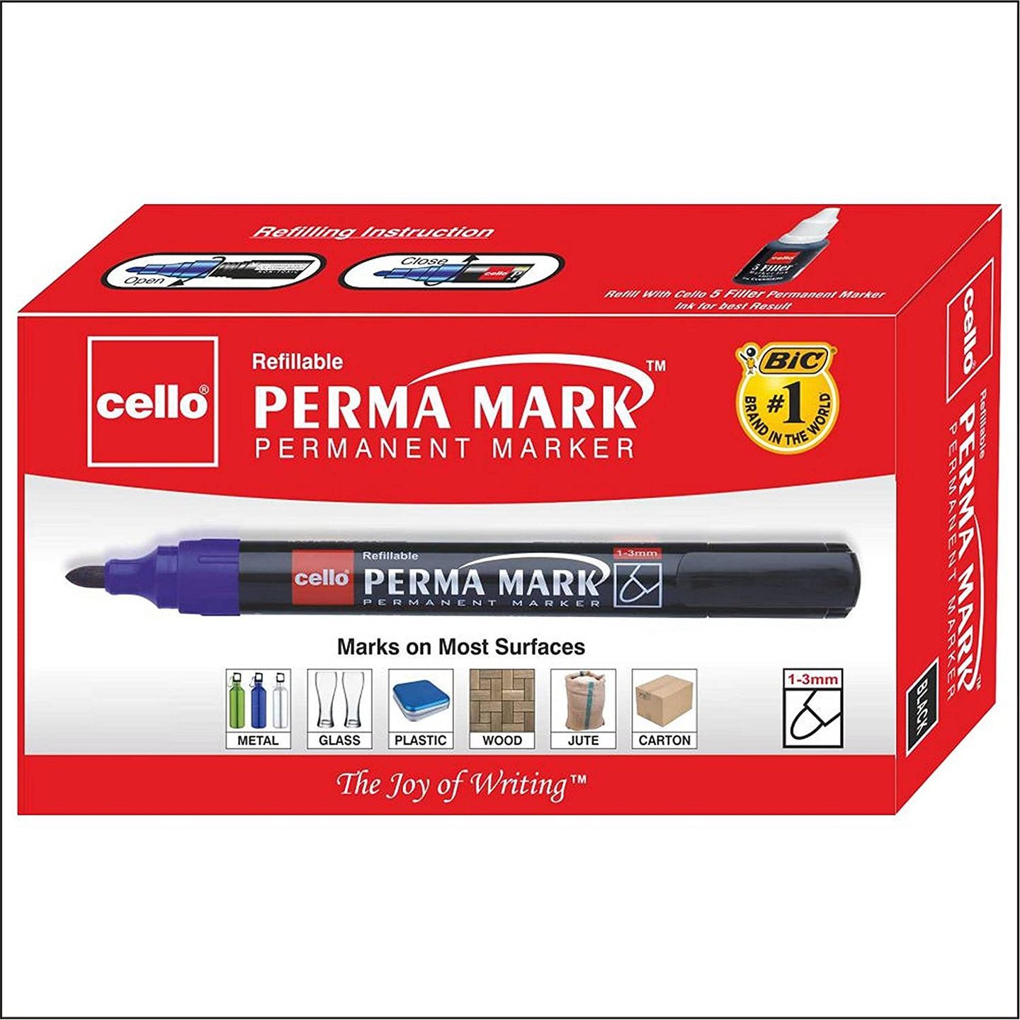 Cello Perma Mark Permanent Marker - Pack of 10 Black  Easily refillable  Bold round tip  Suitable for multiple surfaces  Office stationery  School...