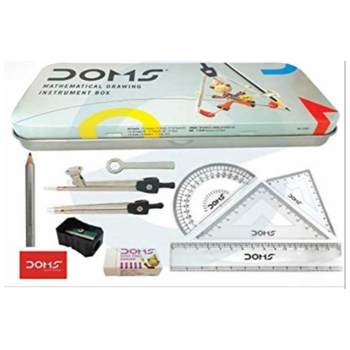 Doms Geometry Box, 1 ompass, 1 Set Square 45 Deg, 1Set Swuare 60 Dag, 1 Protractor 180 Deg, 1 Pencil, 1 Eraser, 1 Sharpner, 1 Scale 15 cm