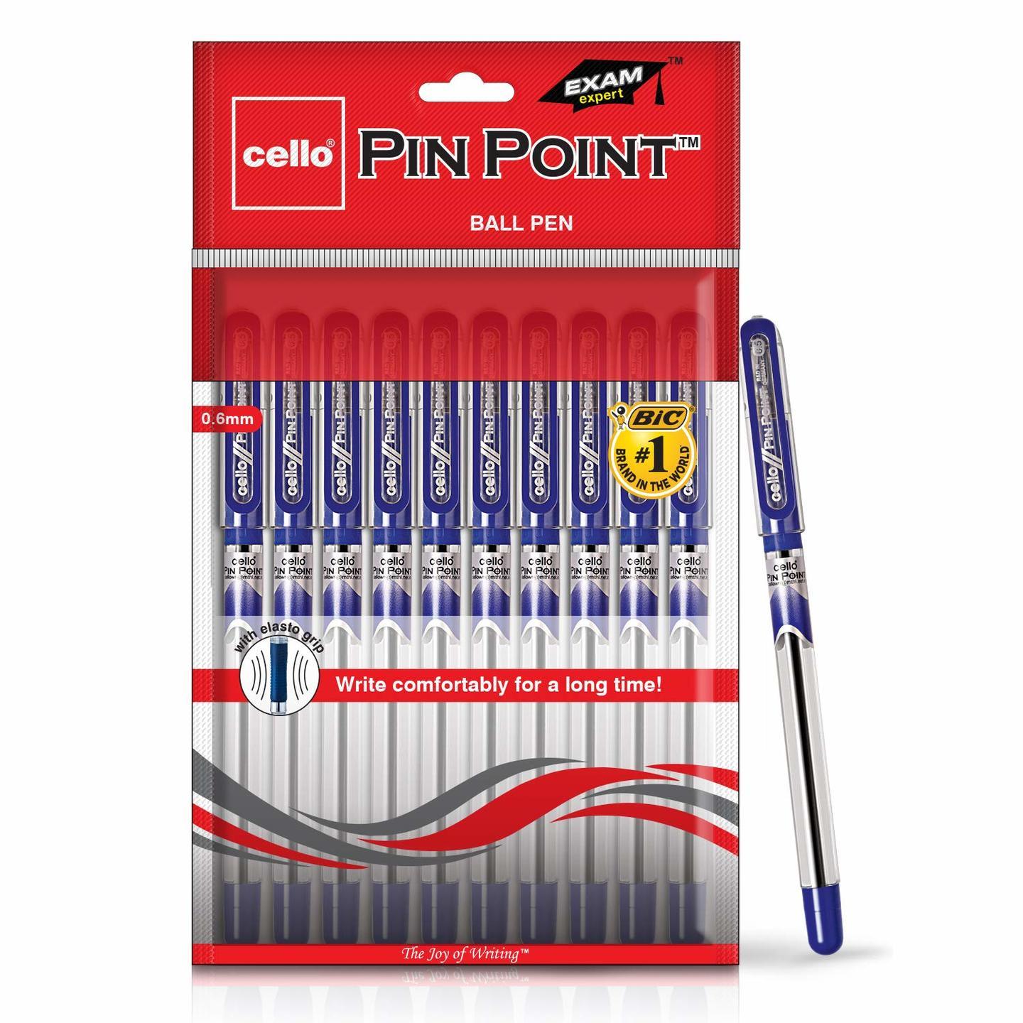 Cello Pinpoint Ball Pen Pack of 10 pens - Blue  Lightweight ball pens for pressure free & fine writing  Exam pens with grip