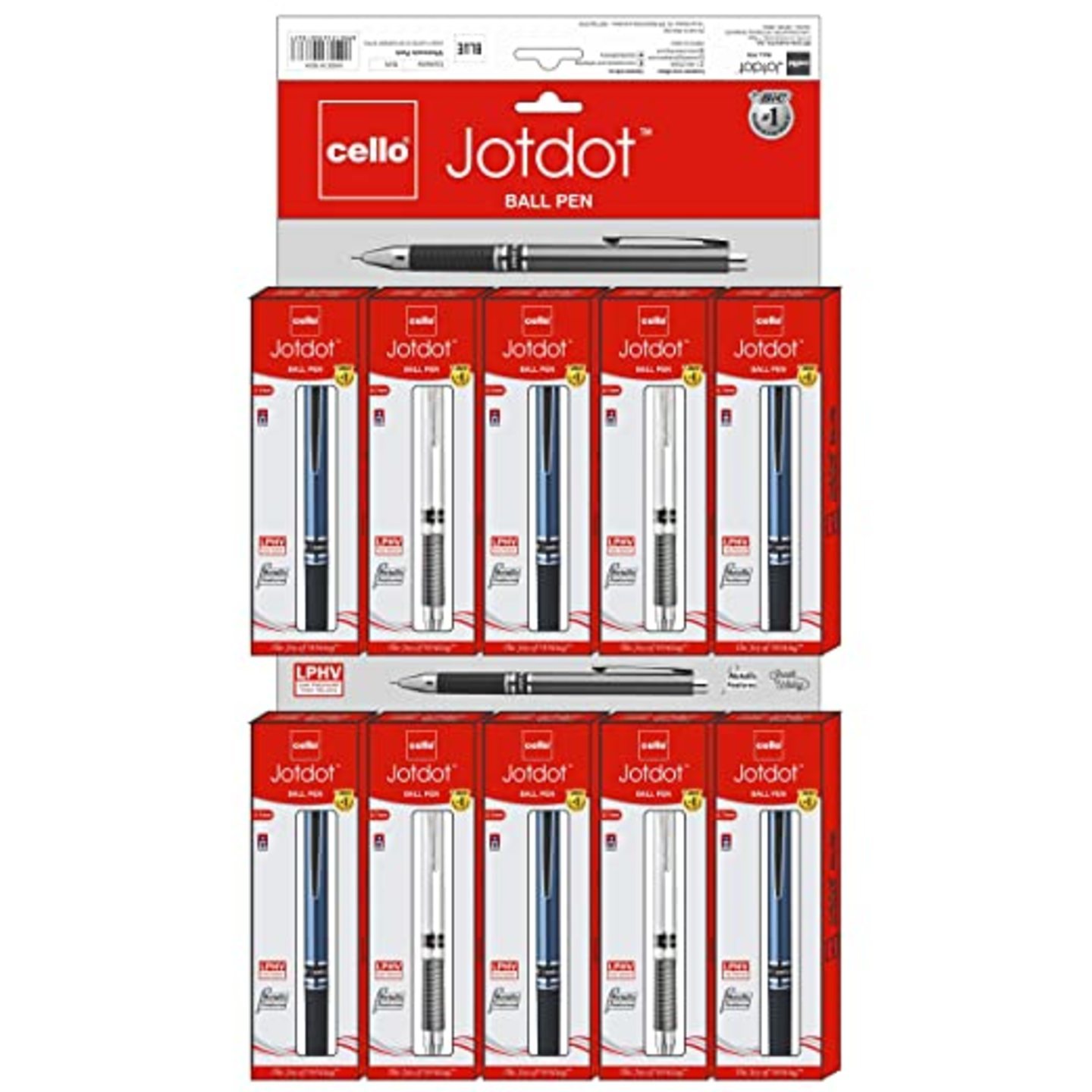 Cello Jotdot Ball Pen - Pack of 10 Ink- Blue,body Color - Multiple