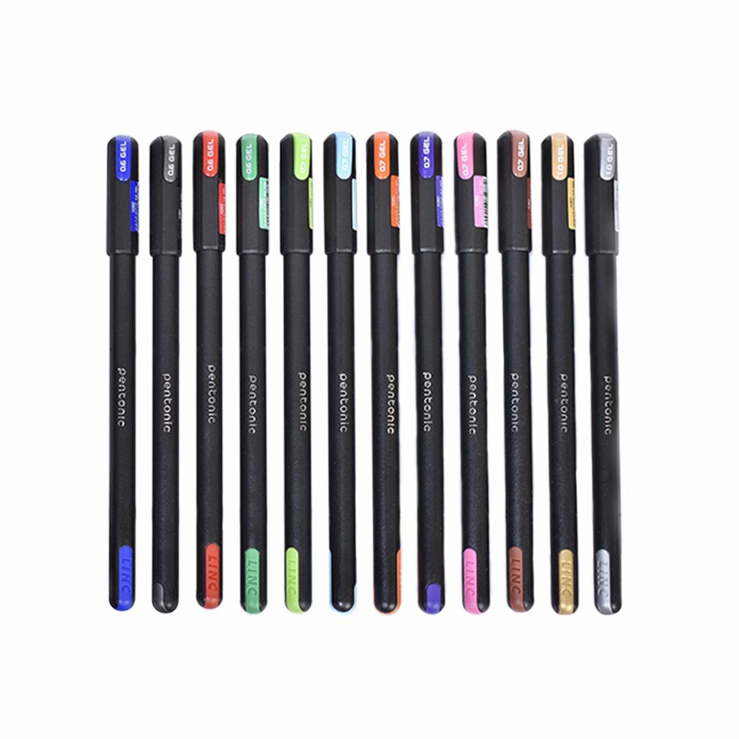 Pentonic Multicolor Gel Pen With Hard Box Case 0.6 mm-1.0 mm, Black Body, 12 Pcs Set