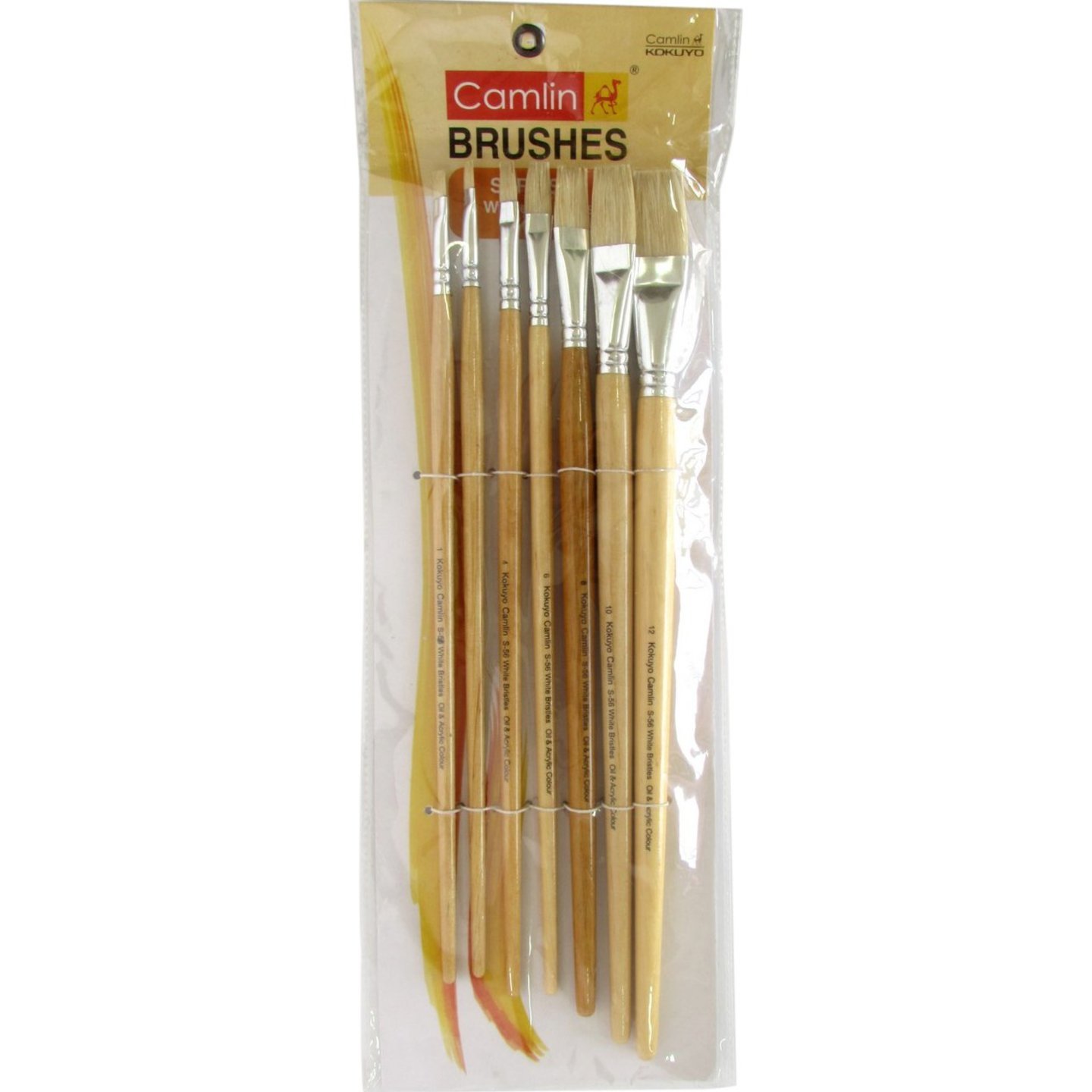 Camel Paint Brush Series 56 - White Bristle Flat, Set of 7