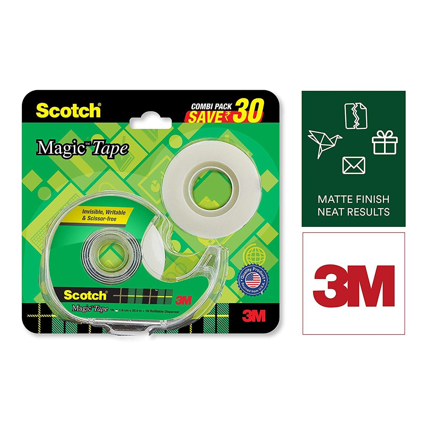 Scotch Magic Tape - The Original Matte-Finish Invisible Tape by 3M, Super Saver Pack - 2 Rolls Width 1.9cm Length 25.4m + 1 Dispenser