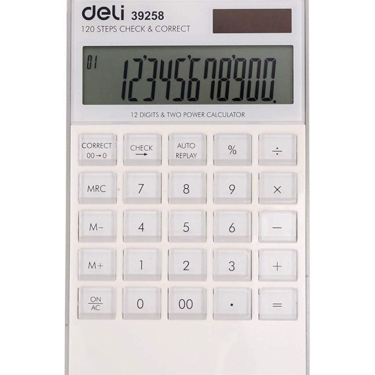 deli 39258 Touch Series Basic Calculator 12 Digit, 120 Step Check, White, SOLAR and BATTERY POWERED