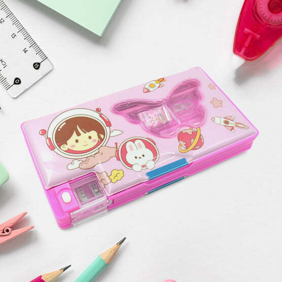 PRINTED PENCIL CASE FOR KIDS,MULTI COMPARTMENT COMPASS PENCIL BOX WITH SHARPENER, ERASER PENCIL & SCALE SCHOOL SUPPLIES PENCIL COMPASS BOX,STATIONERY CASE (PACK OF 1)