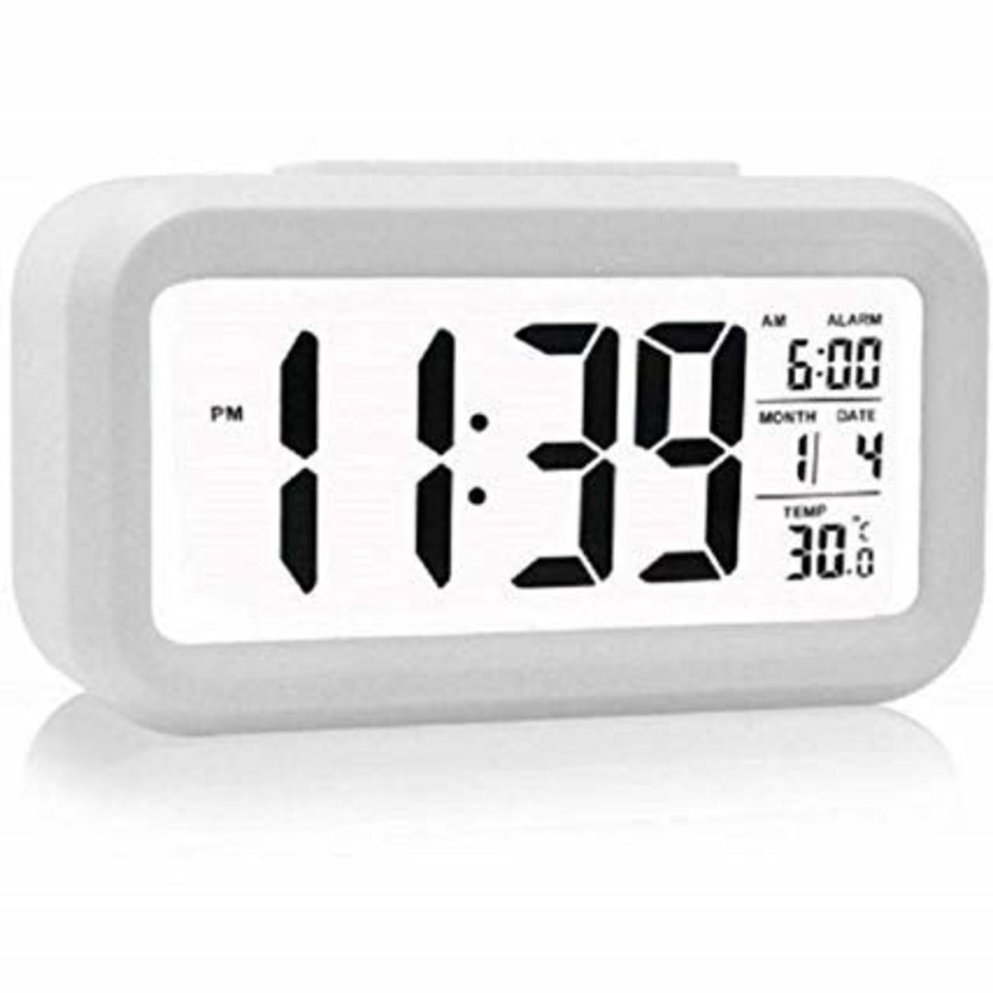 Digital Smart Backlight LCD Display Automatic Sensor, Date and Time, Temperature Plastic Alarm Clocks White