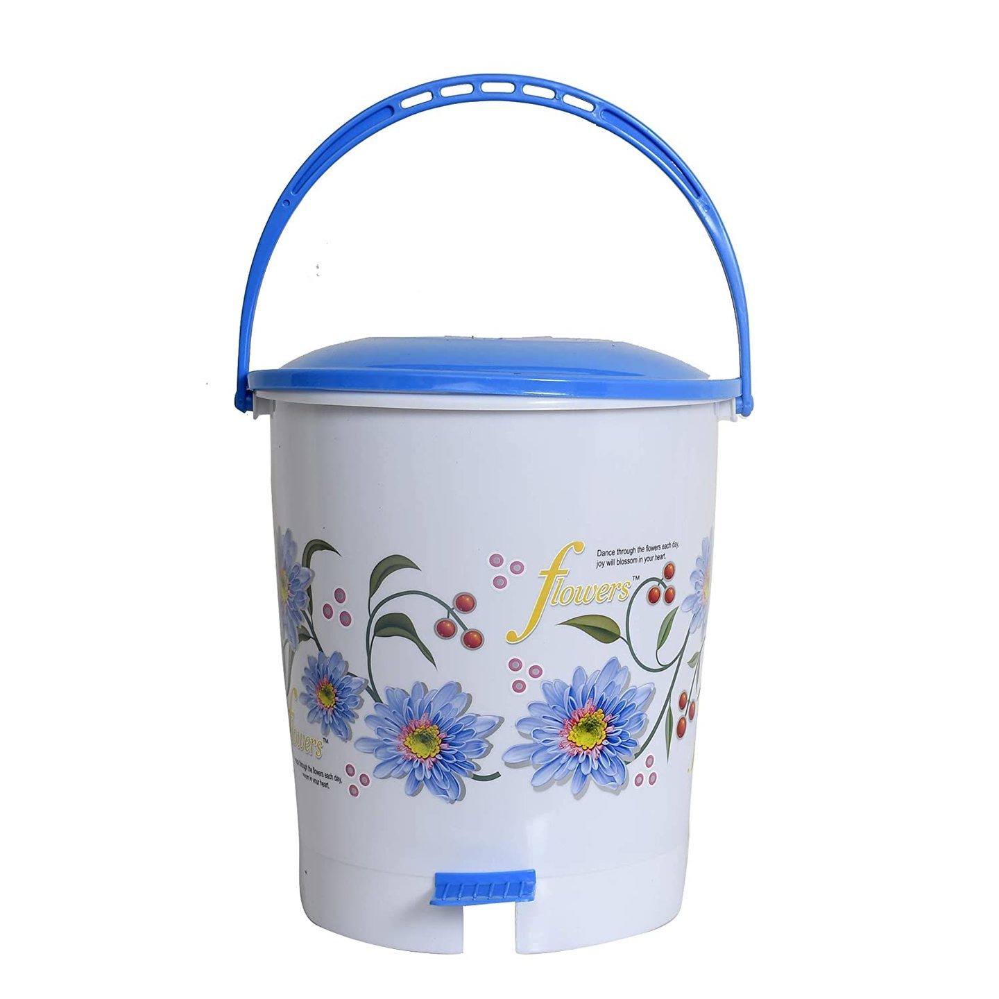 Flower Print Plastic DustbinGarbage BinWaste Bin with Lid, 10 Liters Blue-