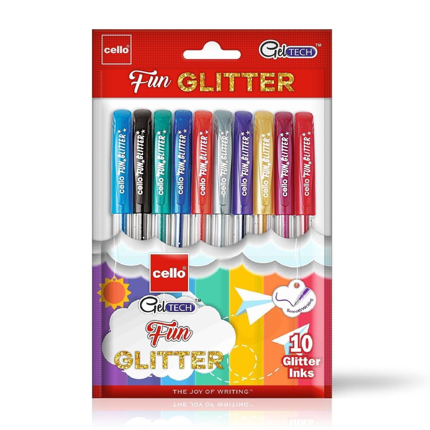 Cello Geltech Fun Glitter Gel Pen Pack of 10 pens in Multicolour ink  Glitter gel pens for art lovers & kids  Sparkle ink in gel pens