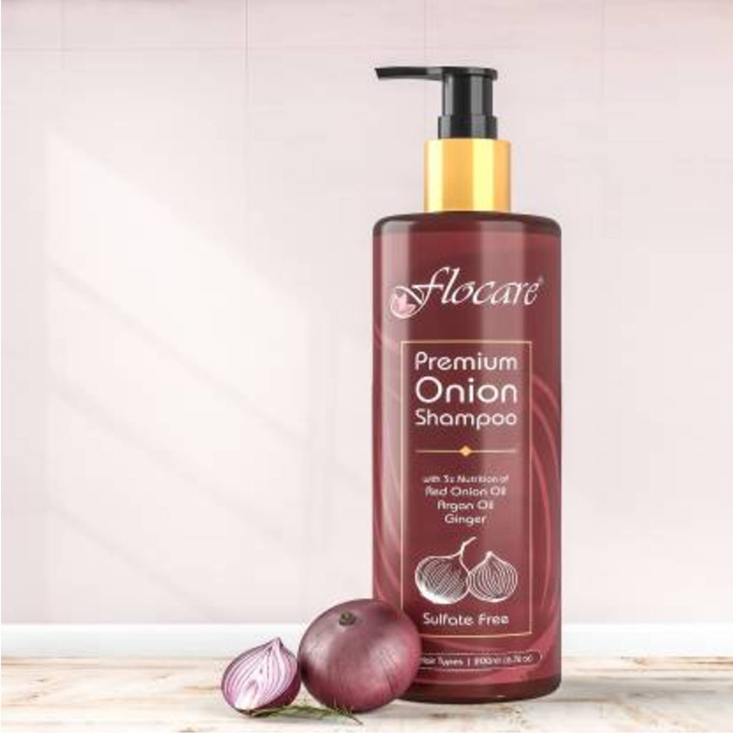 Flocare Premium Onion Shampoo With 3X Nutrition Of Red Onion Oil, Argan Oil, Ginger  200 ml