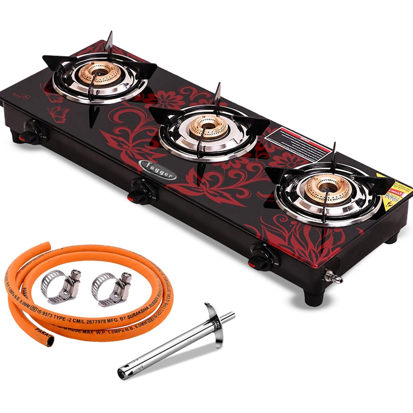 Glass Manual Gas Stove  (3 Burners) Combo Offer With Hose Pipe & Lighter 