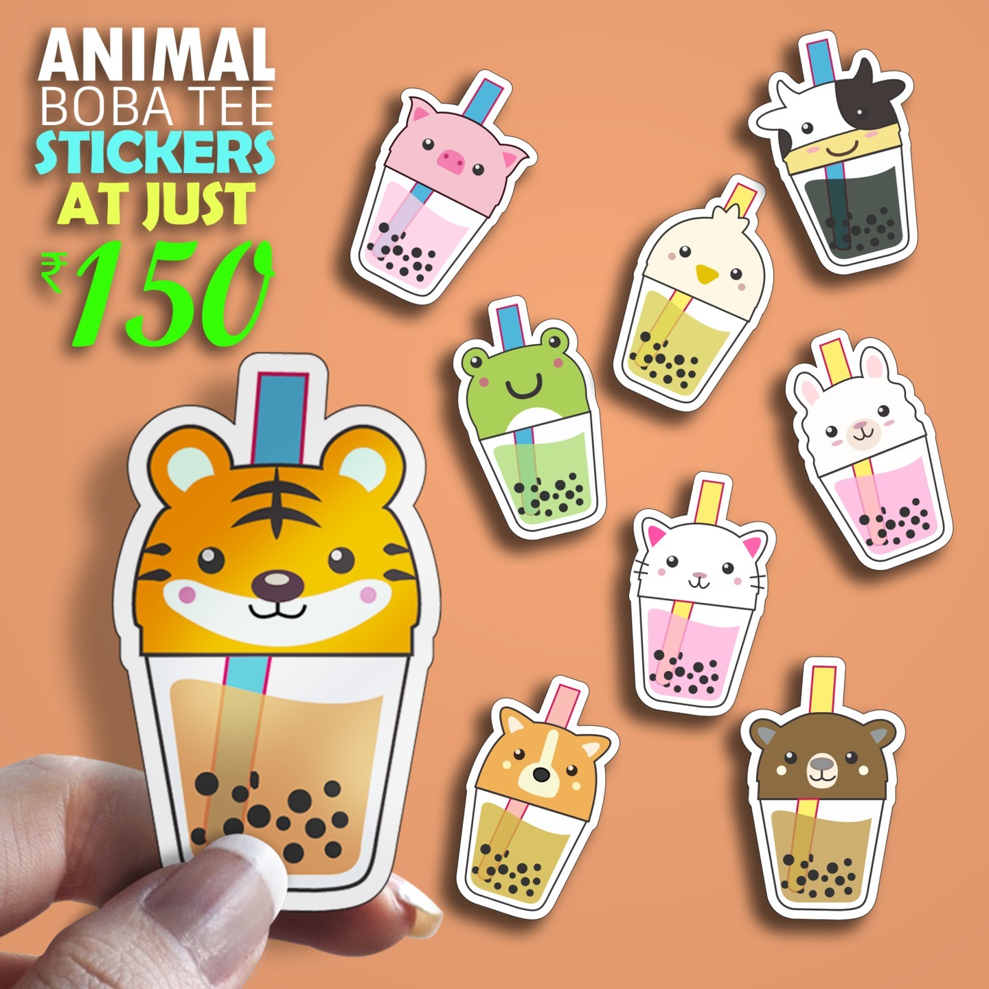 Animal Boba Tea Stciekers set