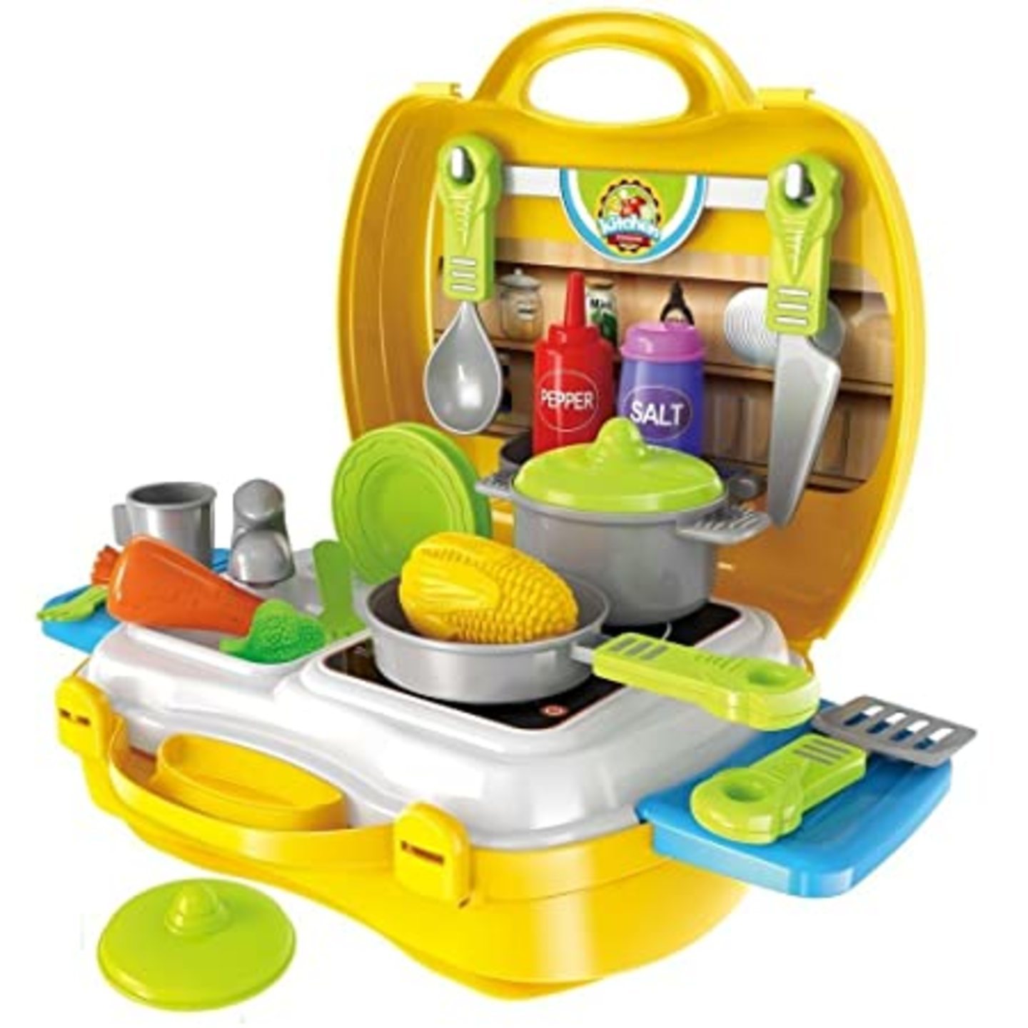 Kitchen Set for Kids Girls Cooking Toy with Briefcase and Accessories Pretend Play Toys Portable Role Play (25 PCS - Yellow