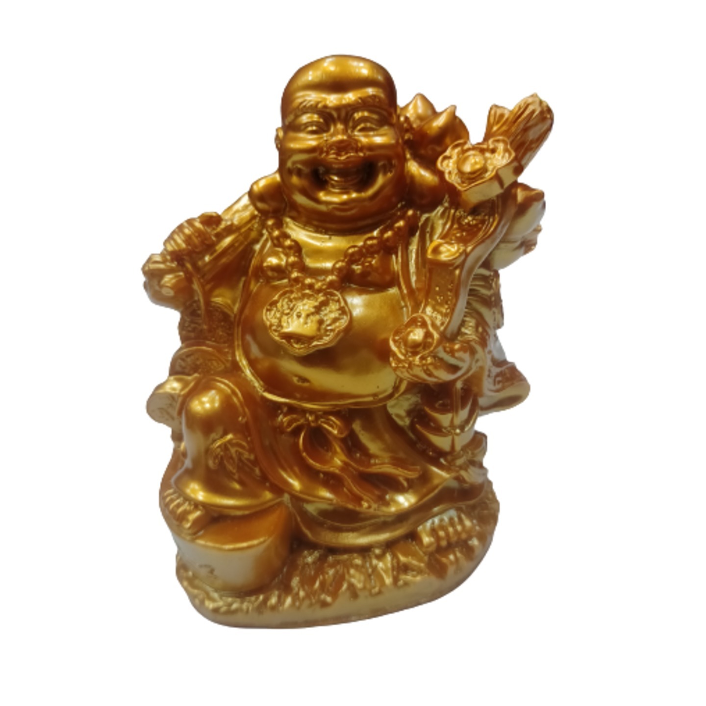  Golden Laughing Buddha on Sack of Gold for good luck. Decorative Showpiece - 14 cm  (Gold)