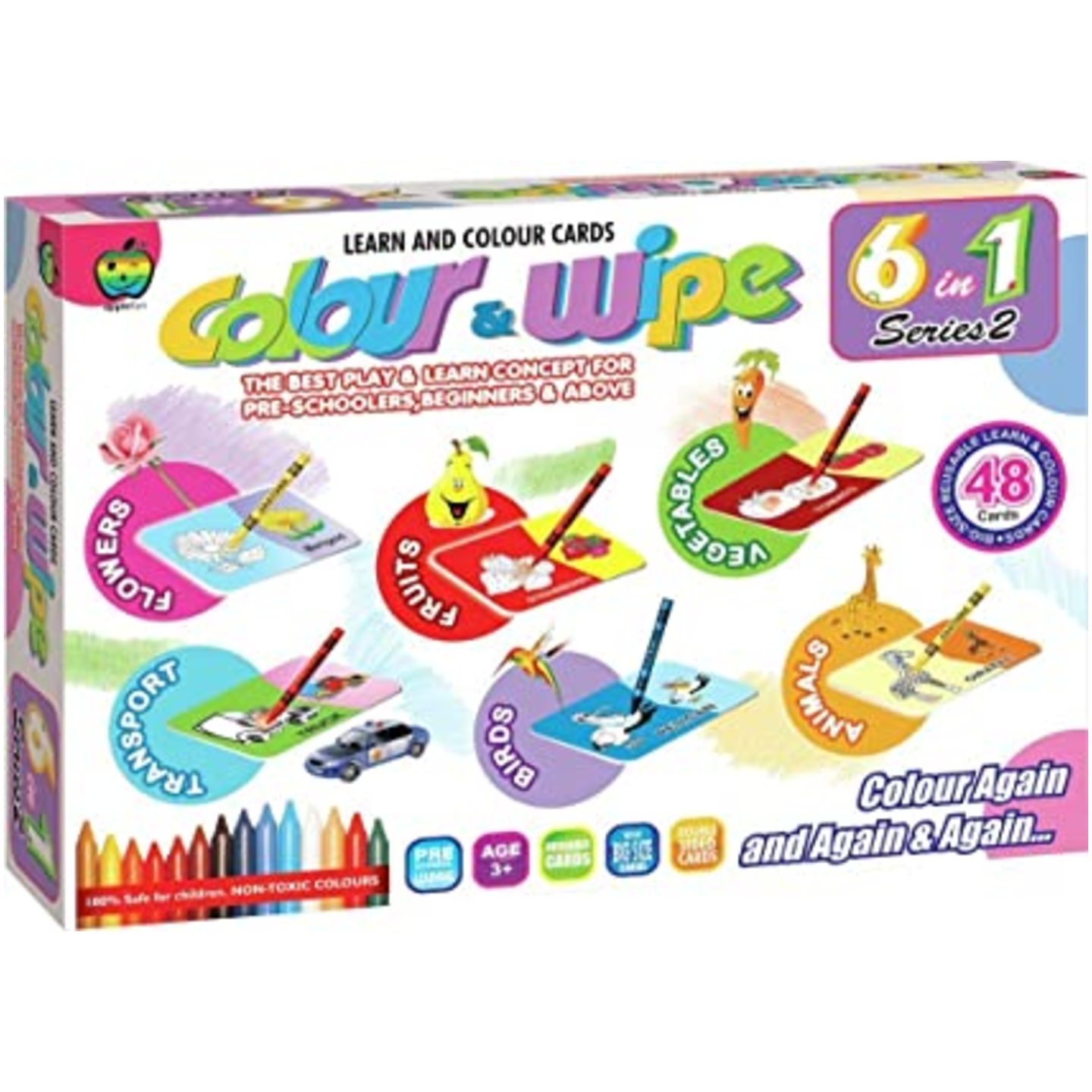 Applefun 6 in 1 Series 2 Color and Wipe Crayons, Multi Color