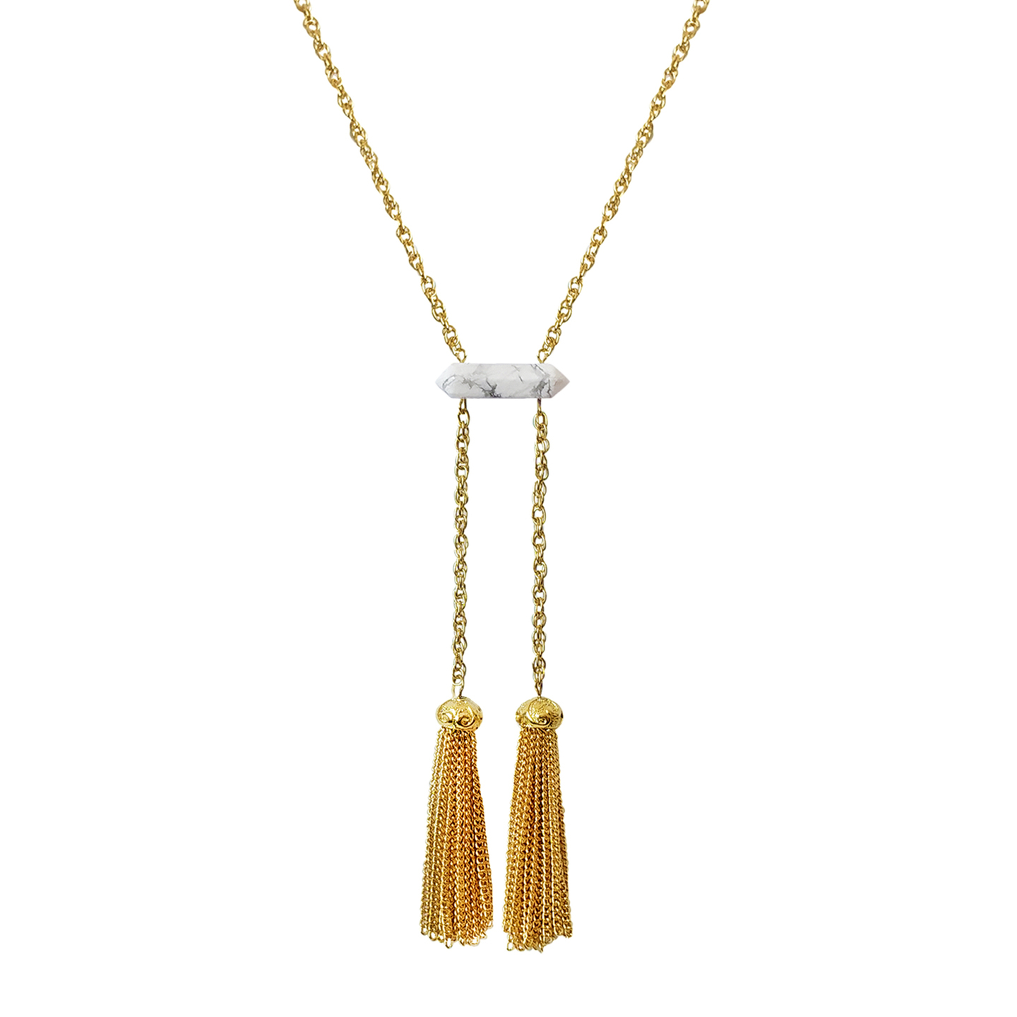 Sirida Baguette Tassel Necklace in White Marble
