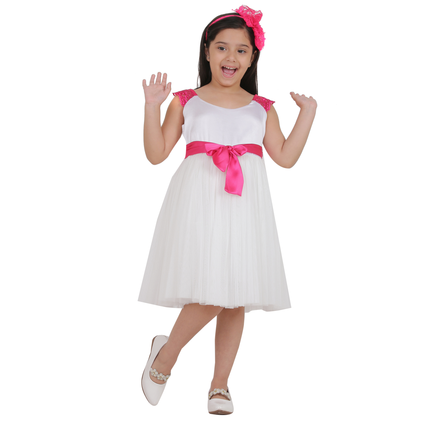 Girls White and Pink Midiknee Length Party Dress