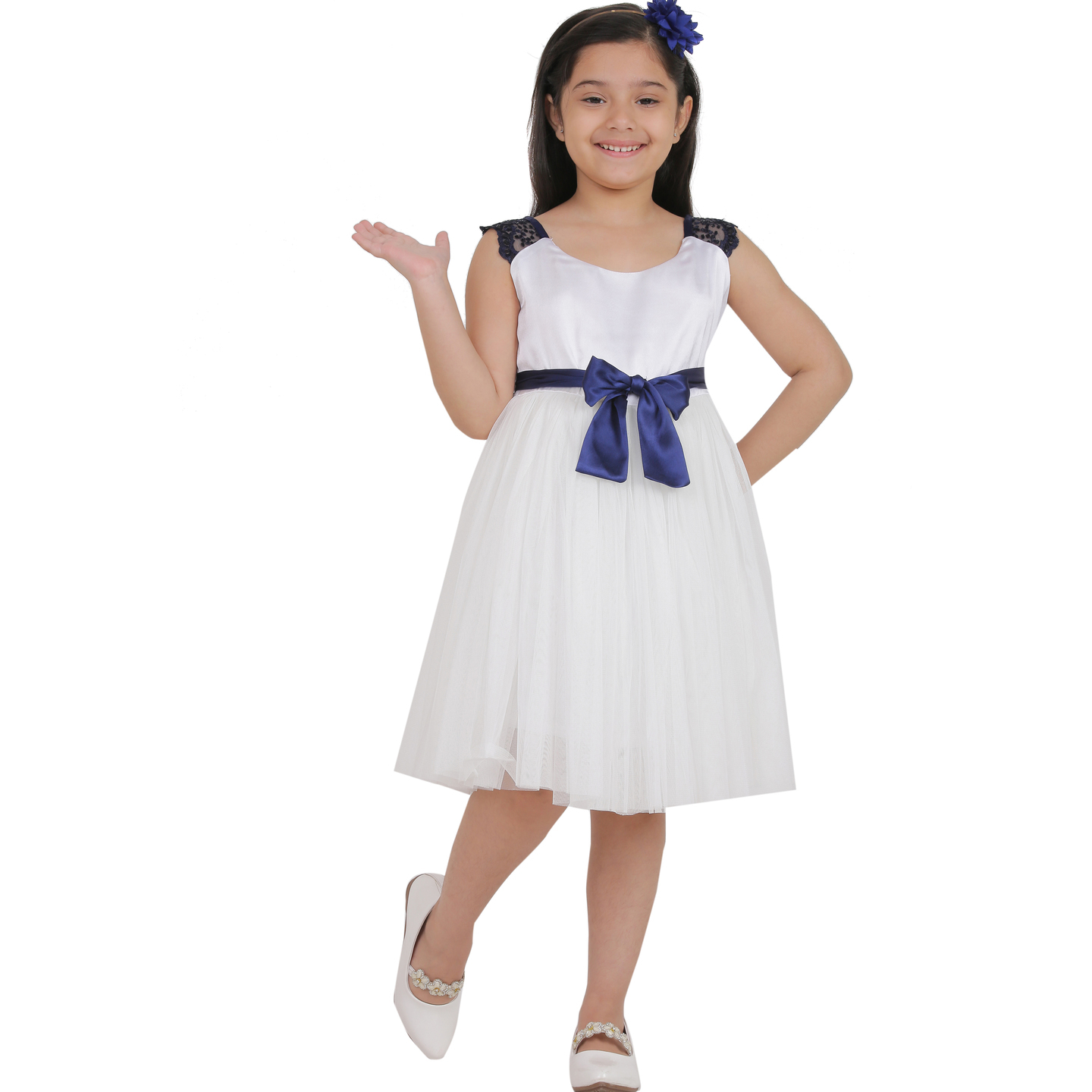 Girls White and Blue Midiknee Length Party Dress