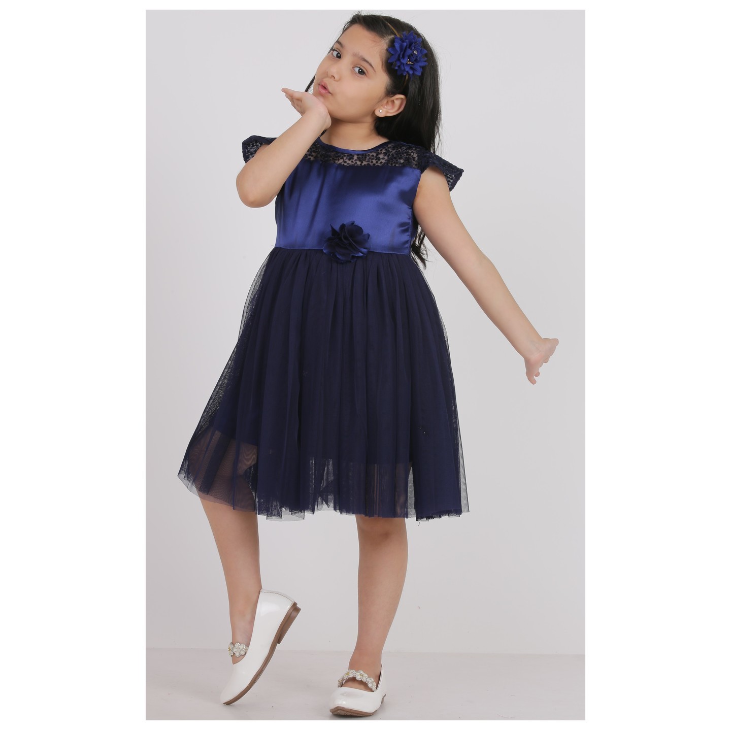 Girls Navy Blue Embroidery MidiKnee Length Party Dress