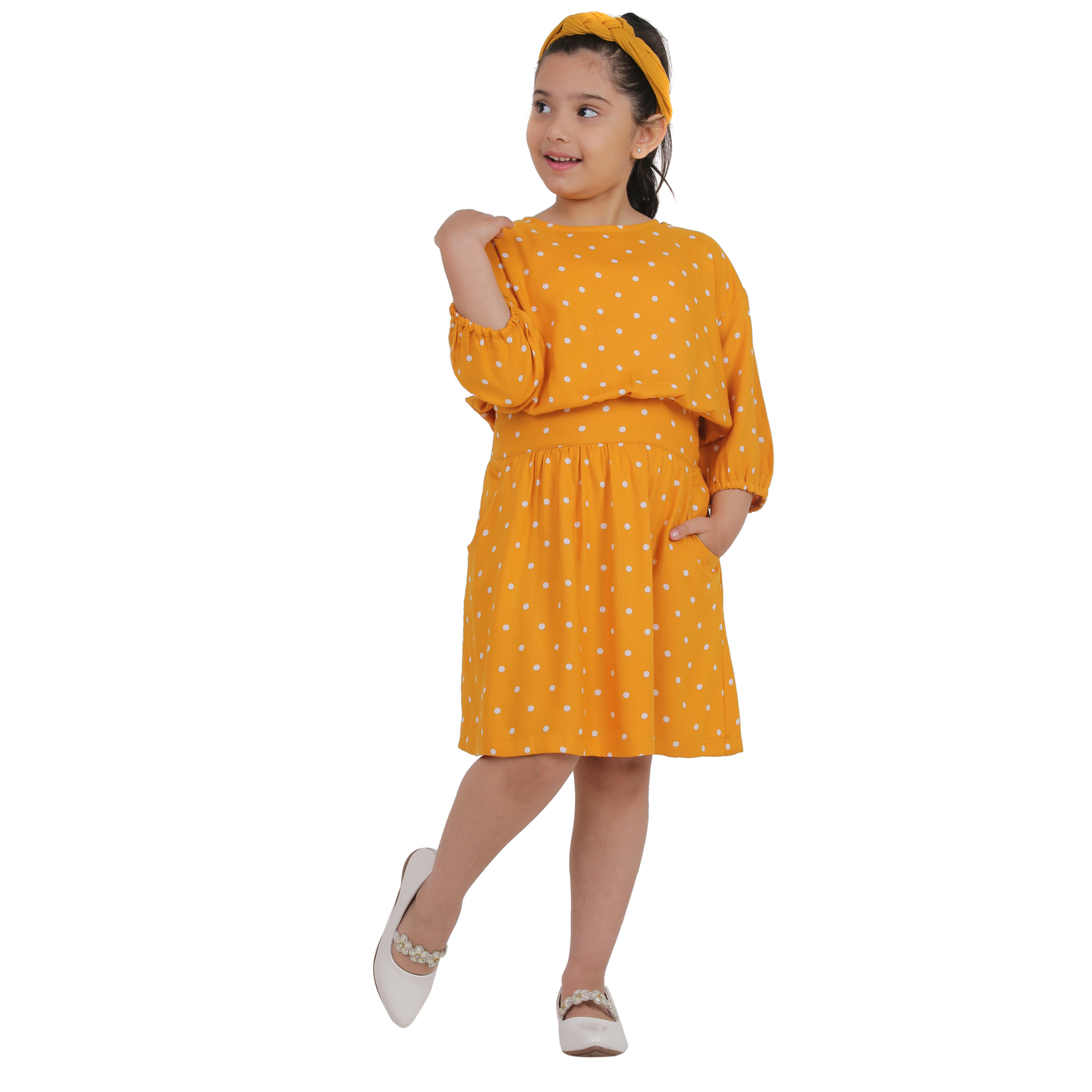 Girls MidiKnee Length Polka DotCasual Dress  Yellow, 34 Sleeve