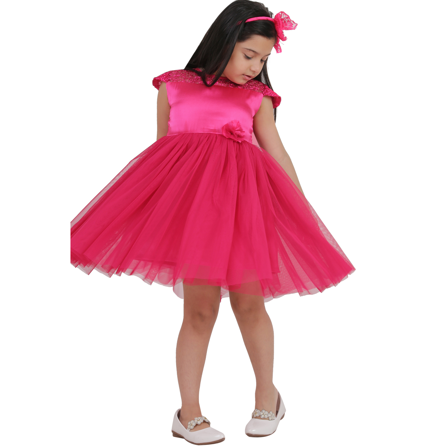 Girls Pink Embroidery MidiKnee Length Party Dress