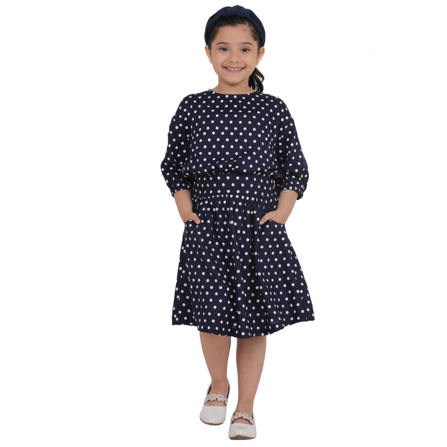 Girls Navy Blue Poka Dot MidiKnee Length Dress