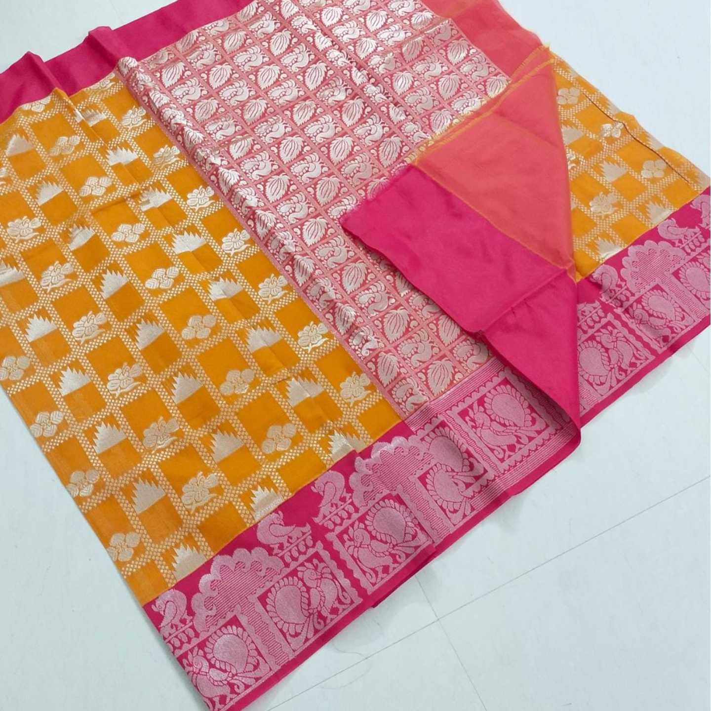 Shri Venkateshwara textiles  Fancy  korvai Cotton Yellow and Rose colour Saree