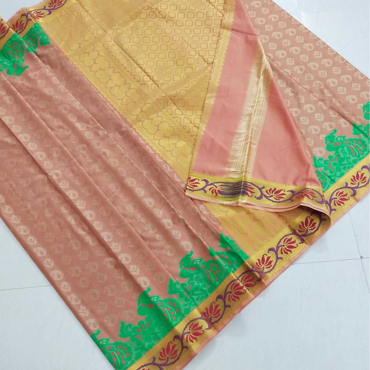 Shri Venkateshwara textiles Kancheepuram SemiSilk Wedding Pink and Yellow Saree