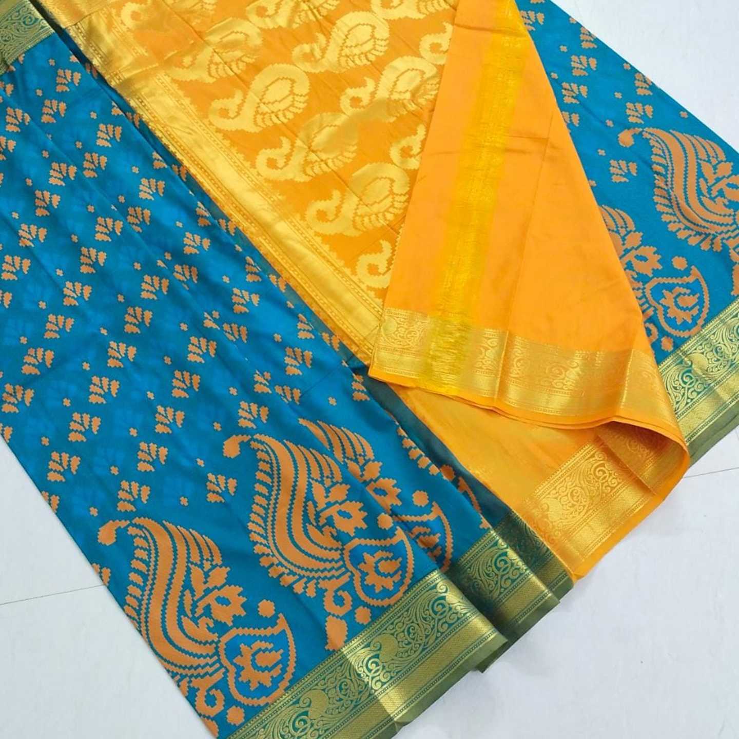 Shri Venkateshwara textiles Kancheepuram SemiSilk Wedding Blue and Yellow Saree