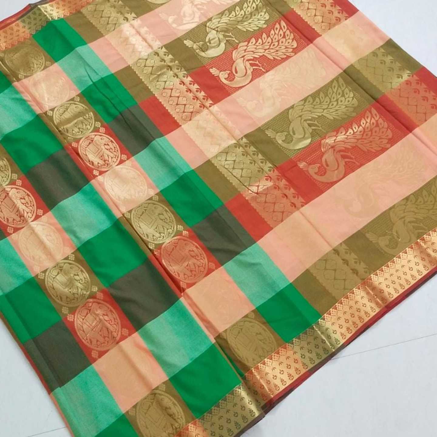 Shri Venkateshwara textiles Kotta Silk Cotton Green and Orange colour Checked Saree