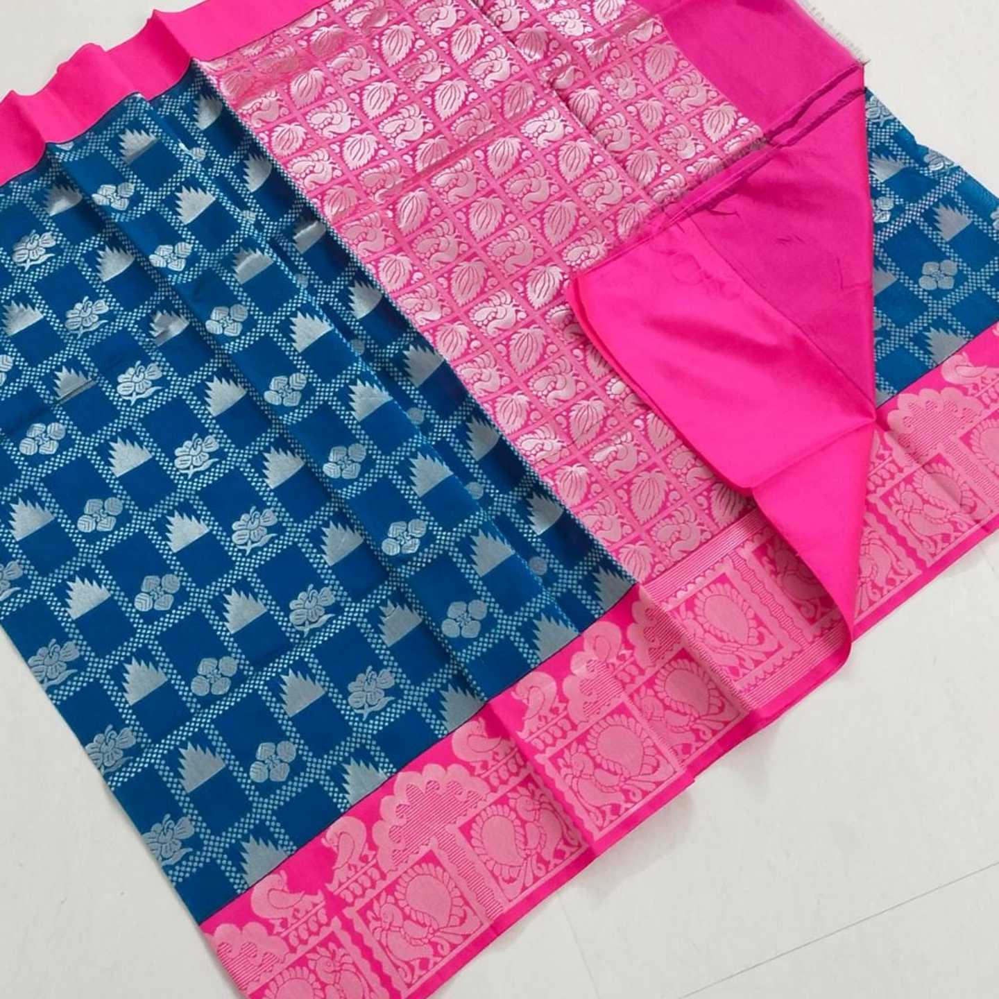 Shri Venkateshwara textiles  Fancy  korvai Cotton Blue and Rose colour Saree 