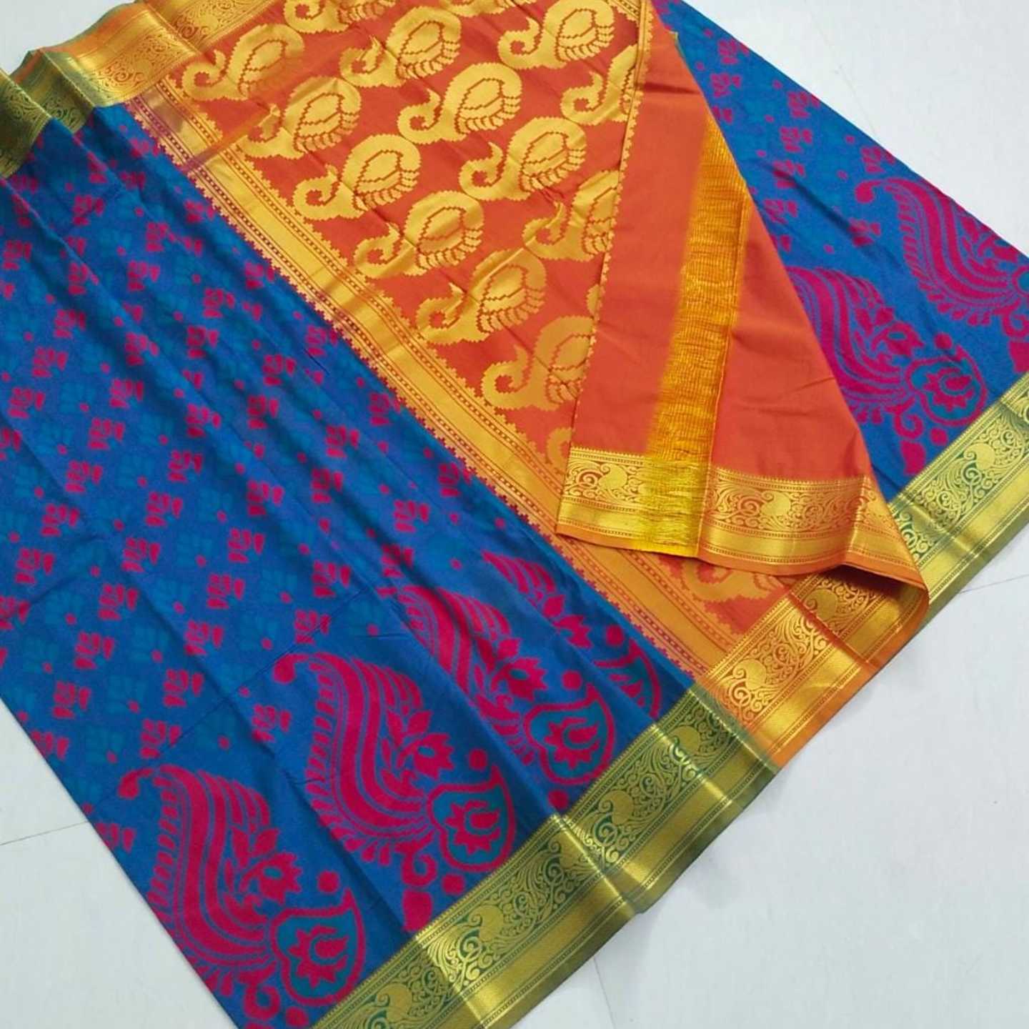 Shri Venkateshwara textiles Kancheepuram SemiSilk Wedding Orange and Blue Saree