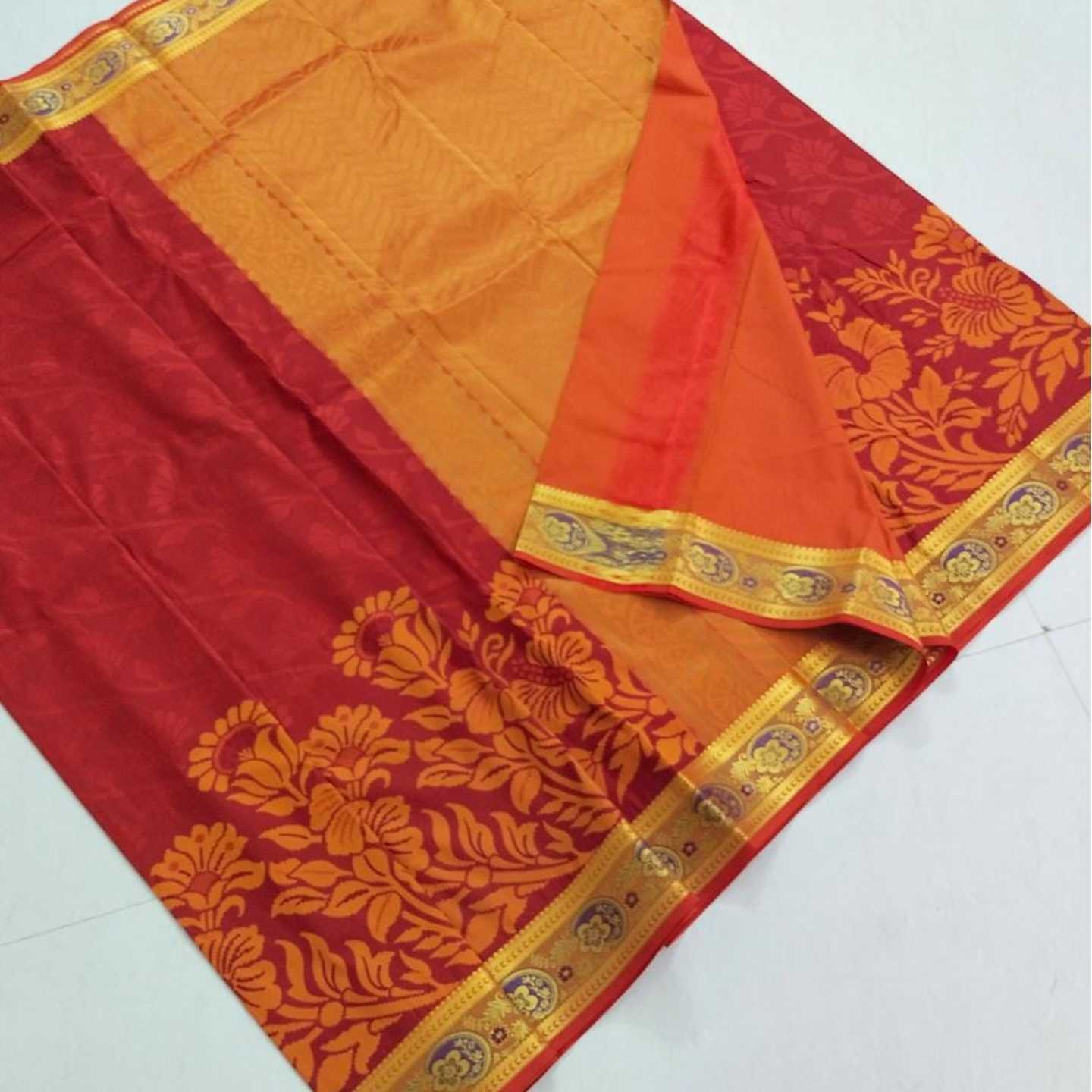 Shri Venkateshwara textiles Kancheepuram SemiSilk Wedding Orange and Brown Saree