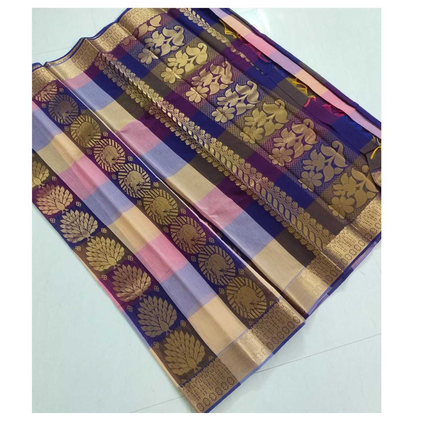 Shri Venkateshwara textiles  Kotta Silk Cotton Navy Blue and Pink colour Checked Saree