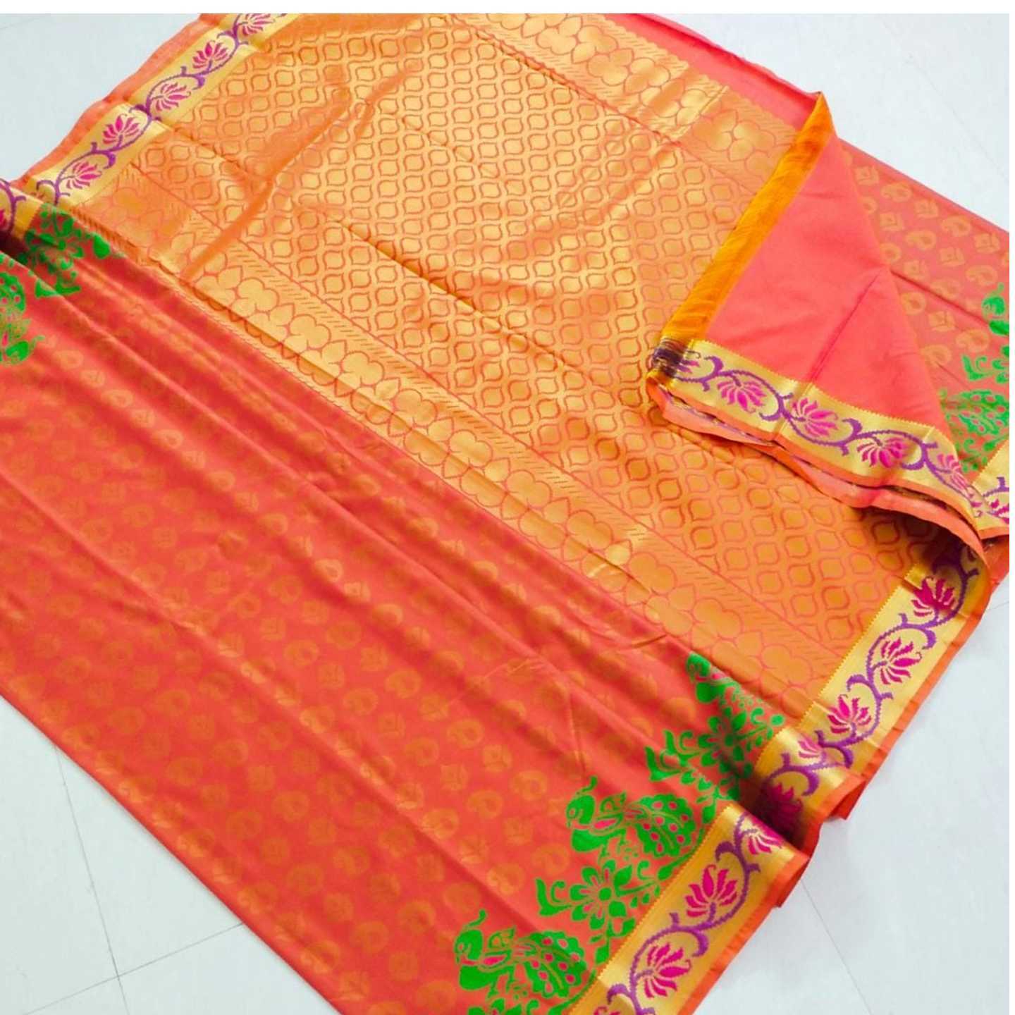 Shri Venkateshwara textiles Kancheepuram SemiSilk Wedding Orange and Red Saree