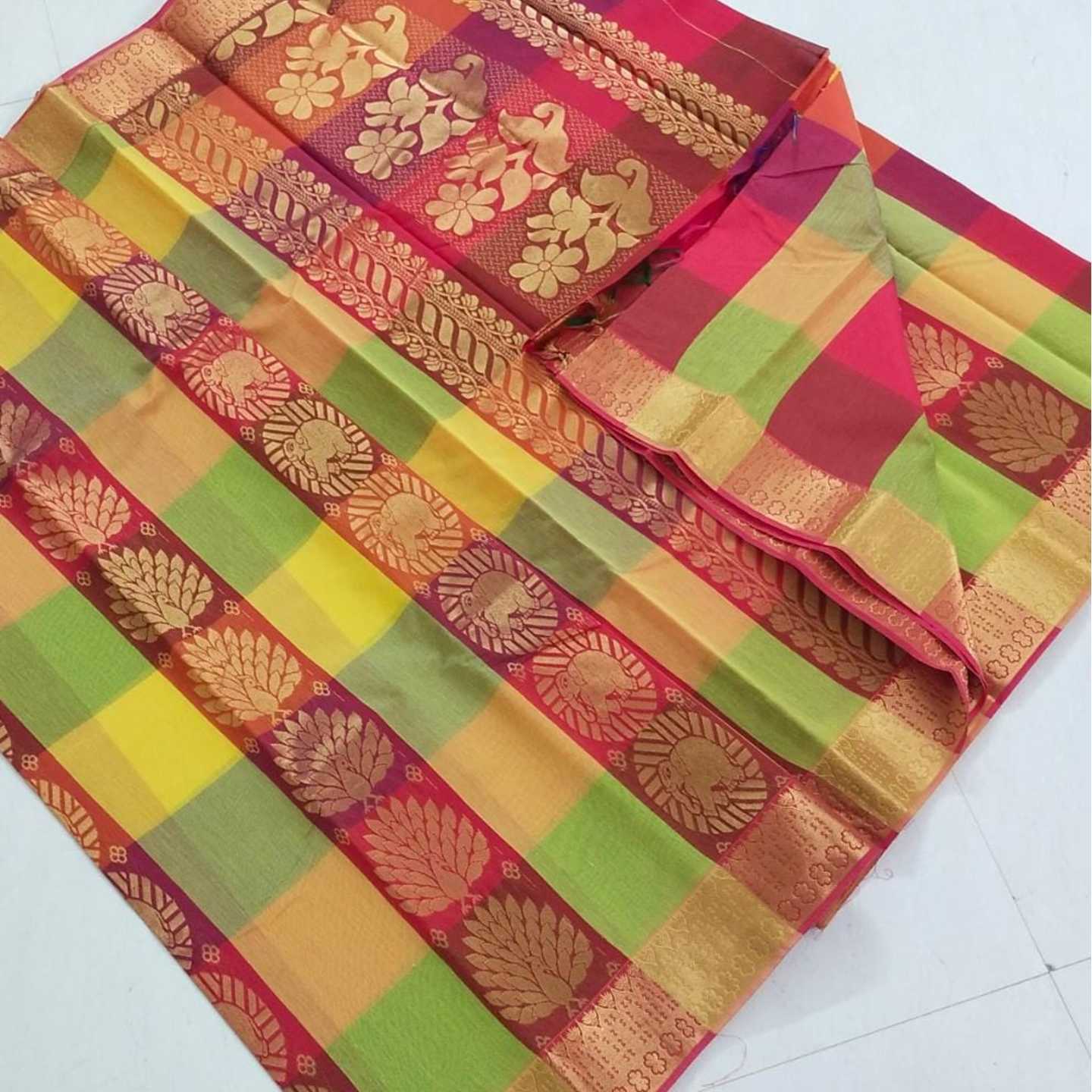 Shri Venkateshwara textiles Kotta Silk Cotton Red and Yellow colour Checked Saree