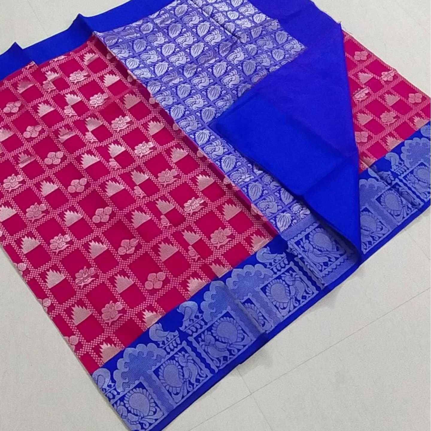 Fancy  korvai Cotton Violet and Blue Saree