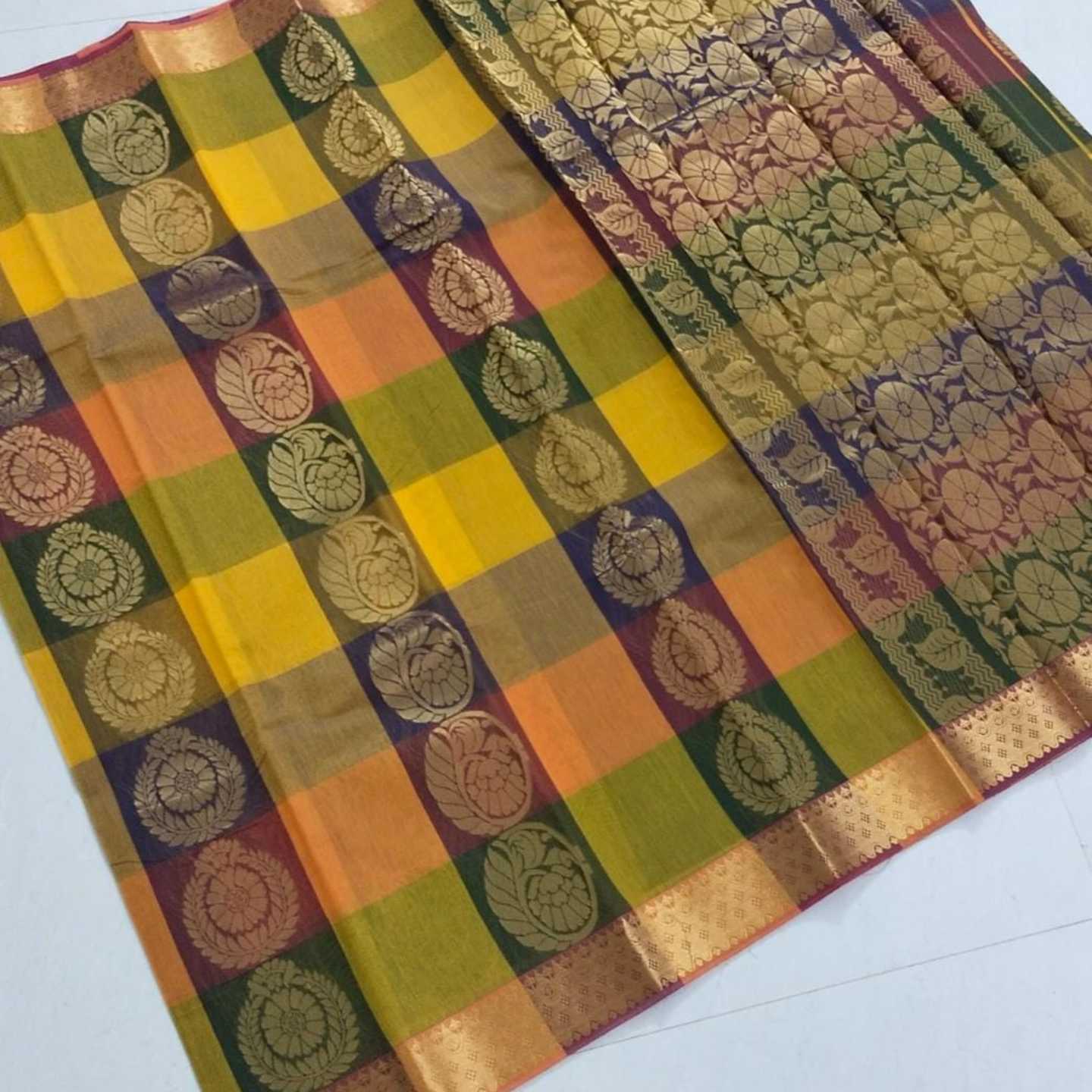 Shri Venkateshwara textiles Silk Cotton Blue and Yellow colour Checked Saree