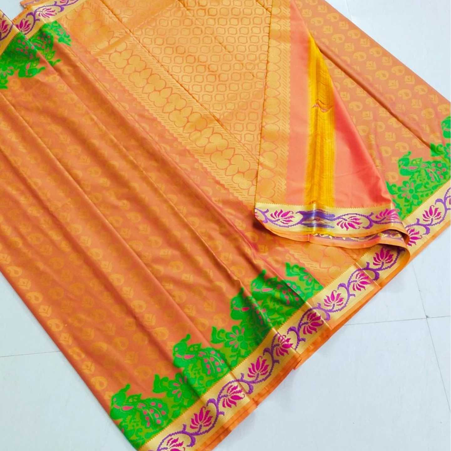 Shri Venkateshwara textiles Kancheepuram SemiSilk Wedding Orange and Green Saree