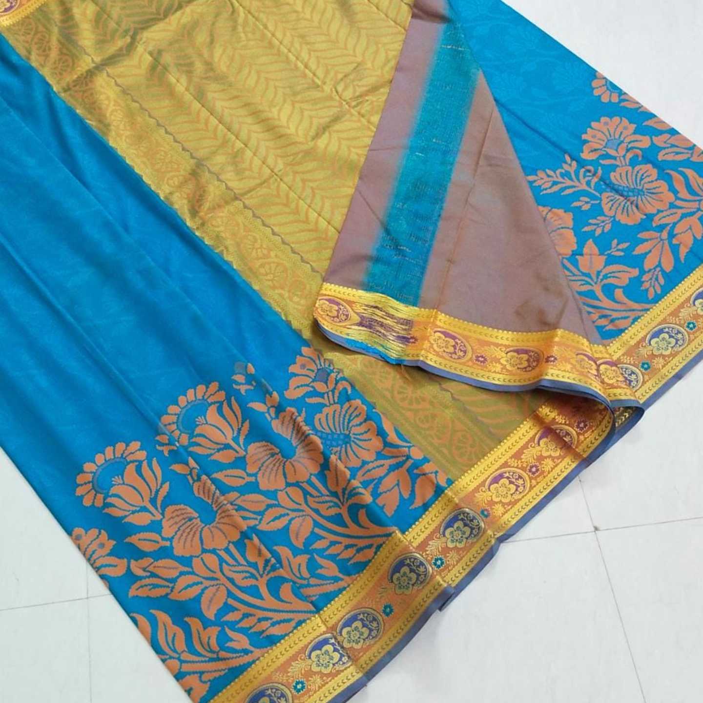 Shri Venkateshwara textiles Kancheepuram SemiSilk Wedding Orange and Blue Saree