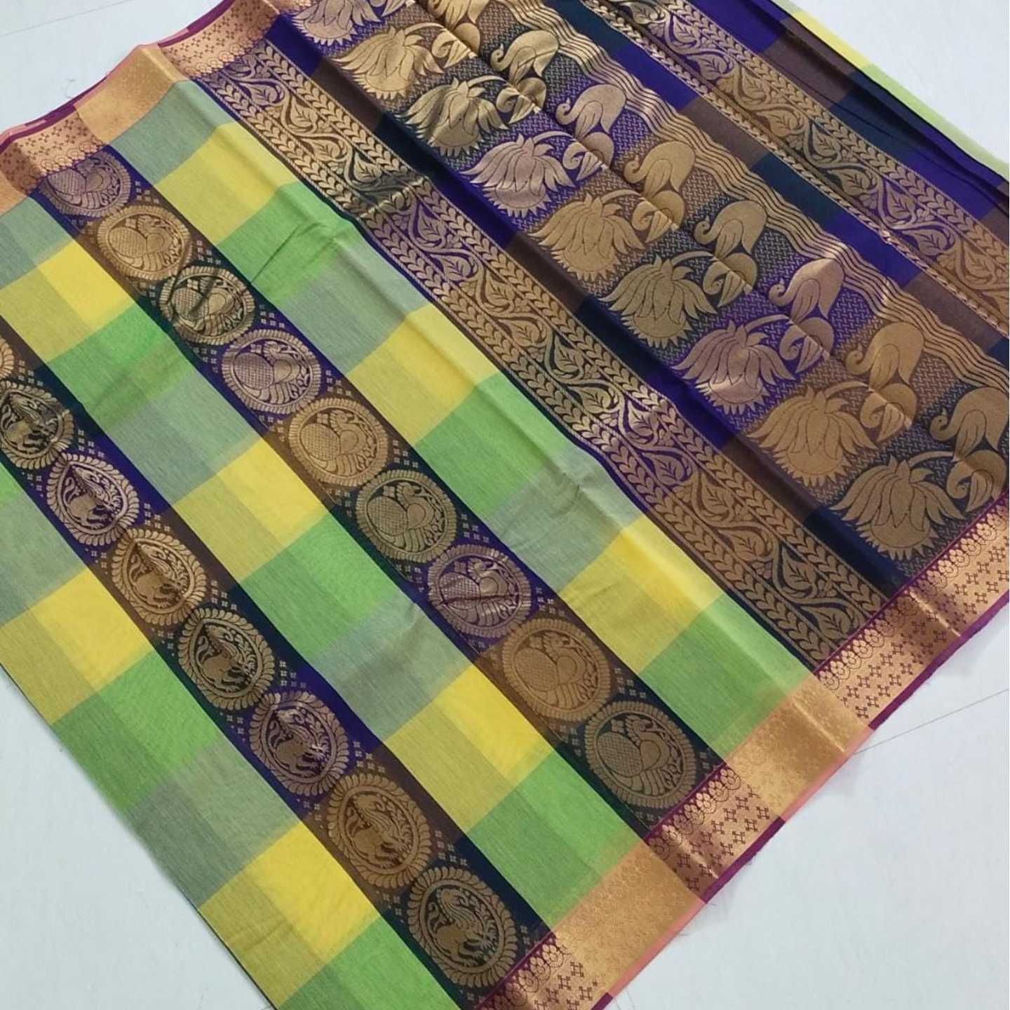 Shri Venkateshwara textiles Silk Cotton Blue and Yellow colour Checked Saree