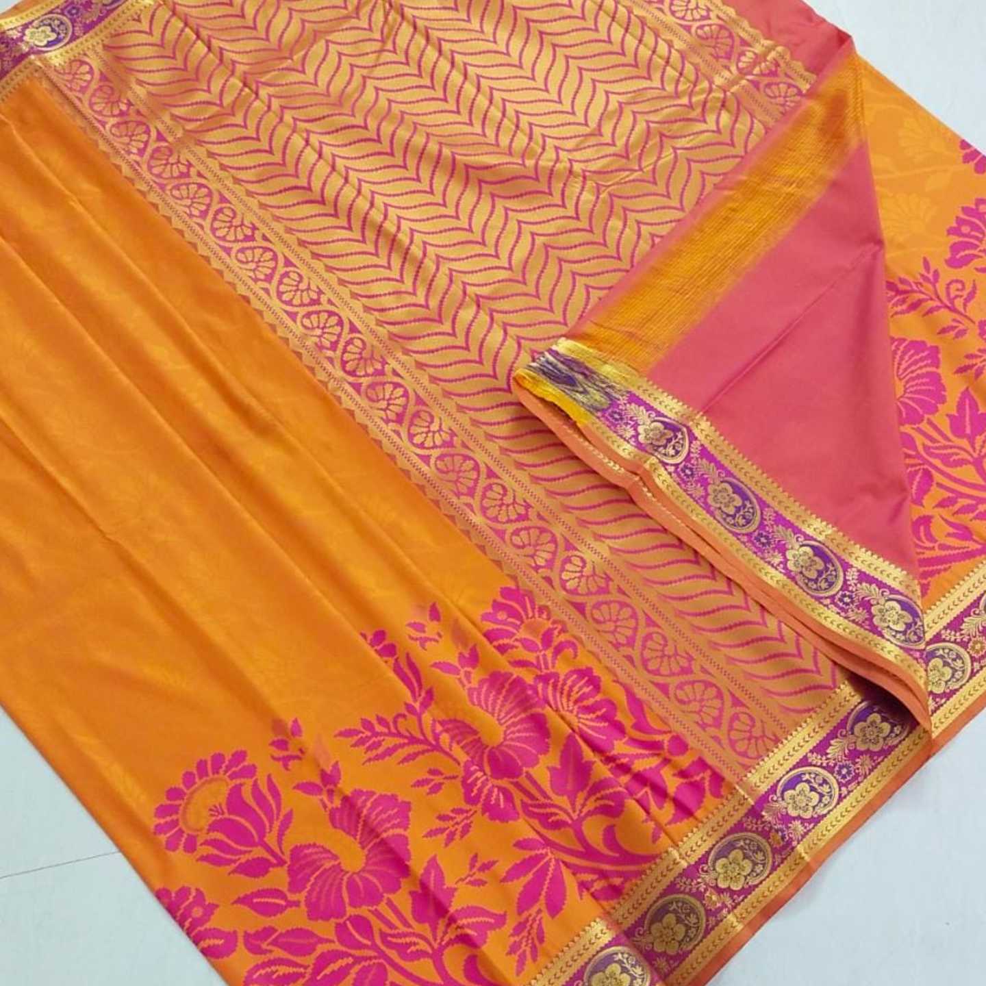 Shri Venkateshwara textiles Kancheepuram SemiSilk Wedding Yellow and Pink Saree