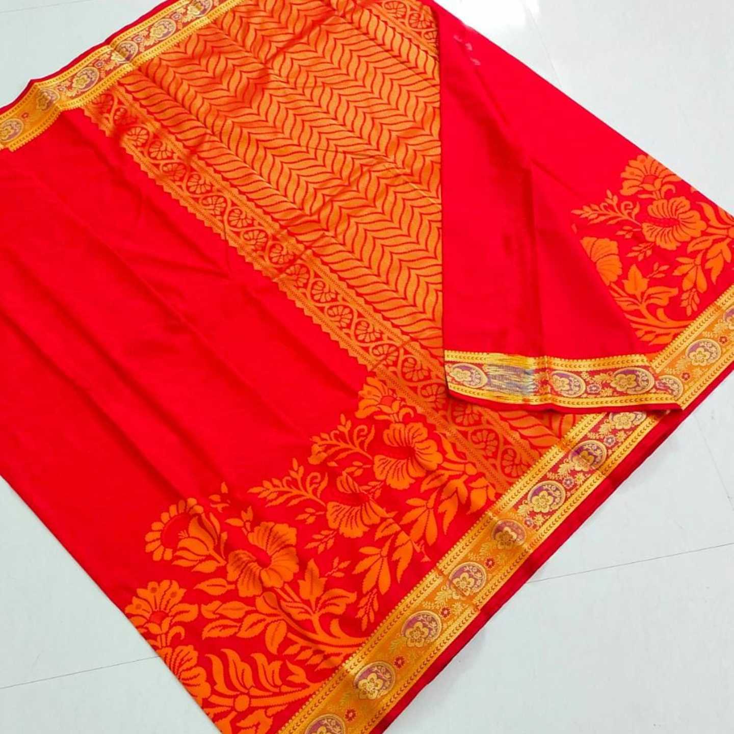 Shri Venkateshwara textiles Kancheepuram SemiSilk Wedding Orange and Red Saree