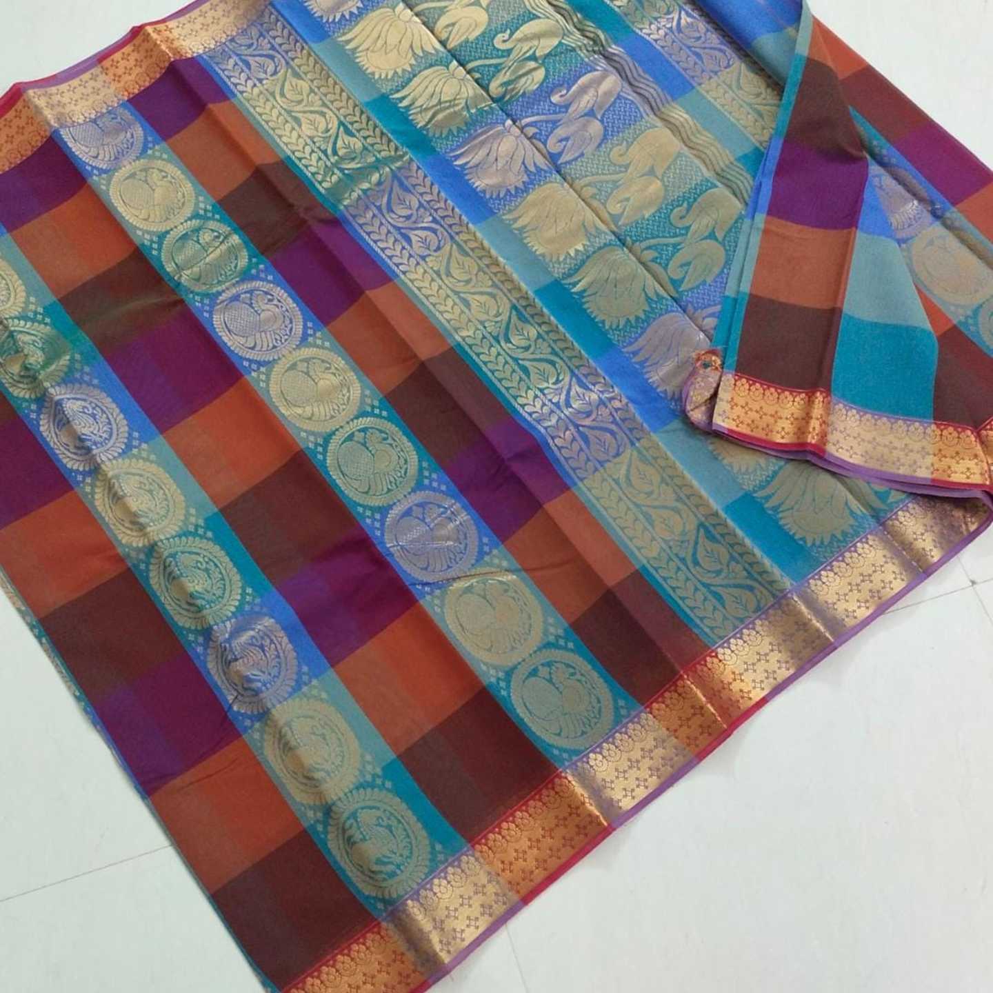 Shri Venkateshwara textiles Silk Cotton Blue and Brown colour Checked Saree