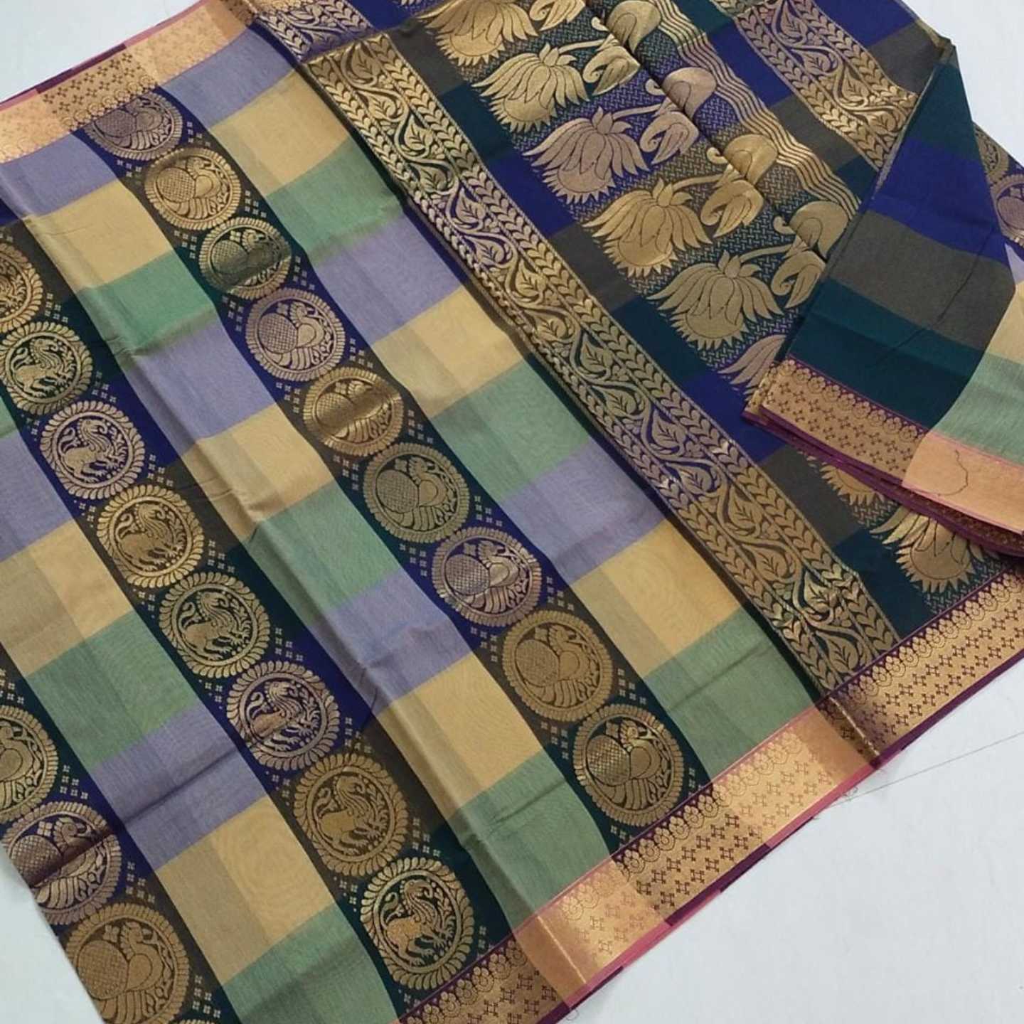 Shri Venkateshwara textiles Silk Cotton Green and Grey colour Checked Saree